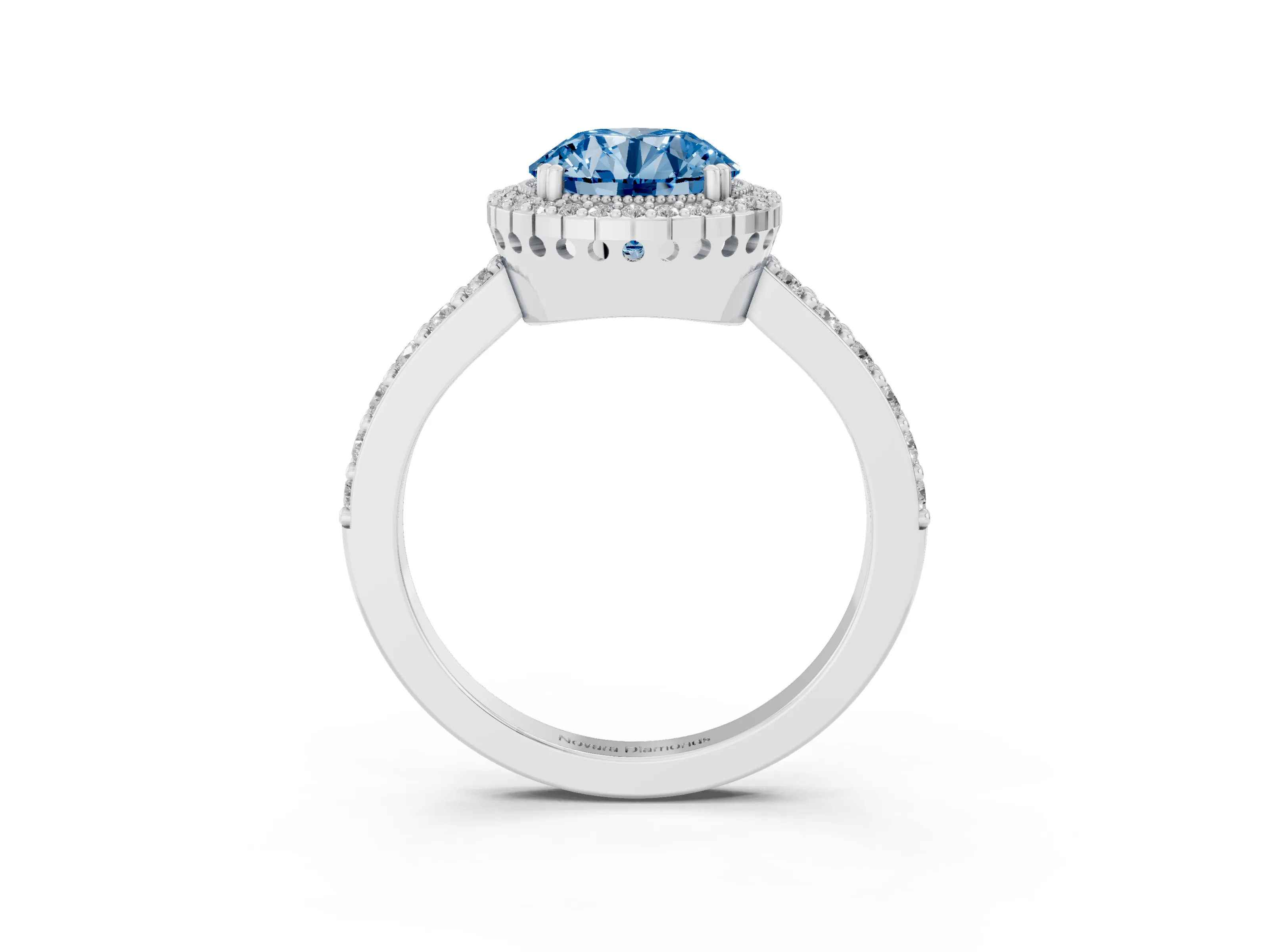 Fancy Blue Round Cut Diamond Halo Engagement Ring Set in Silver with Milgrain Detail and Pavé Band