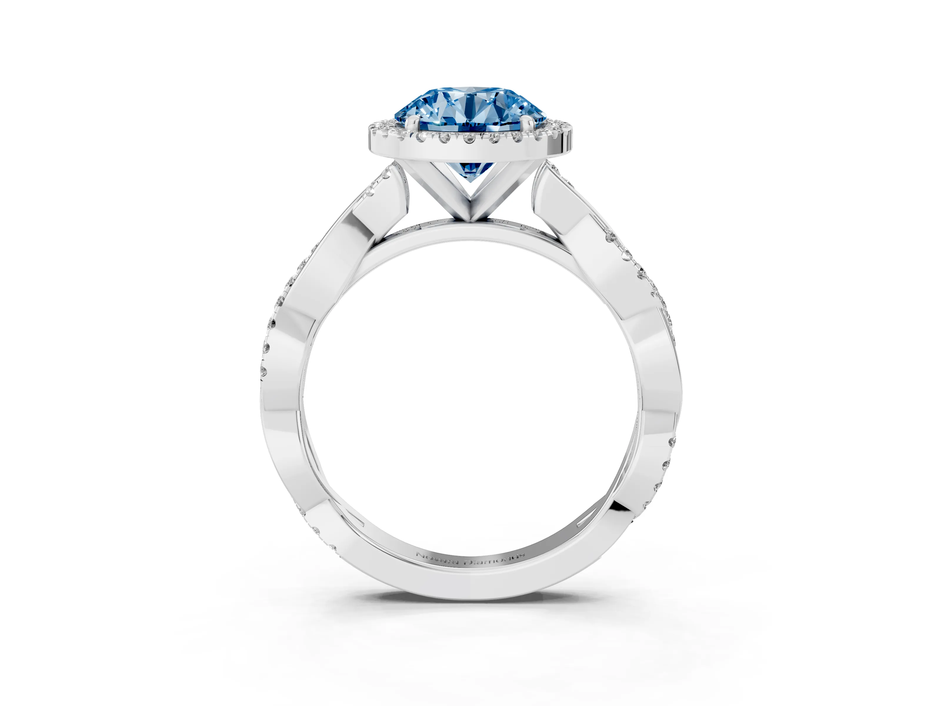 Fancy Blue Round Cut Diamond Halo Twisted Band Ring Set in White gold with Prong Setting