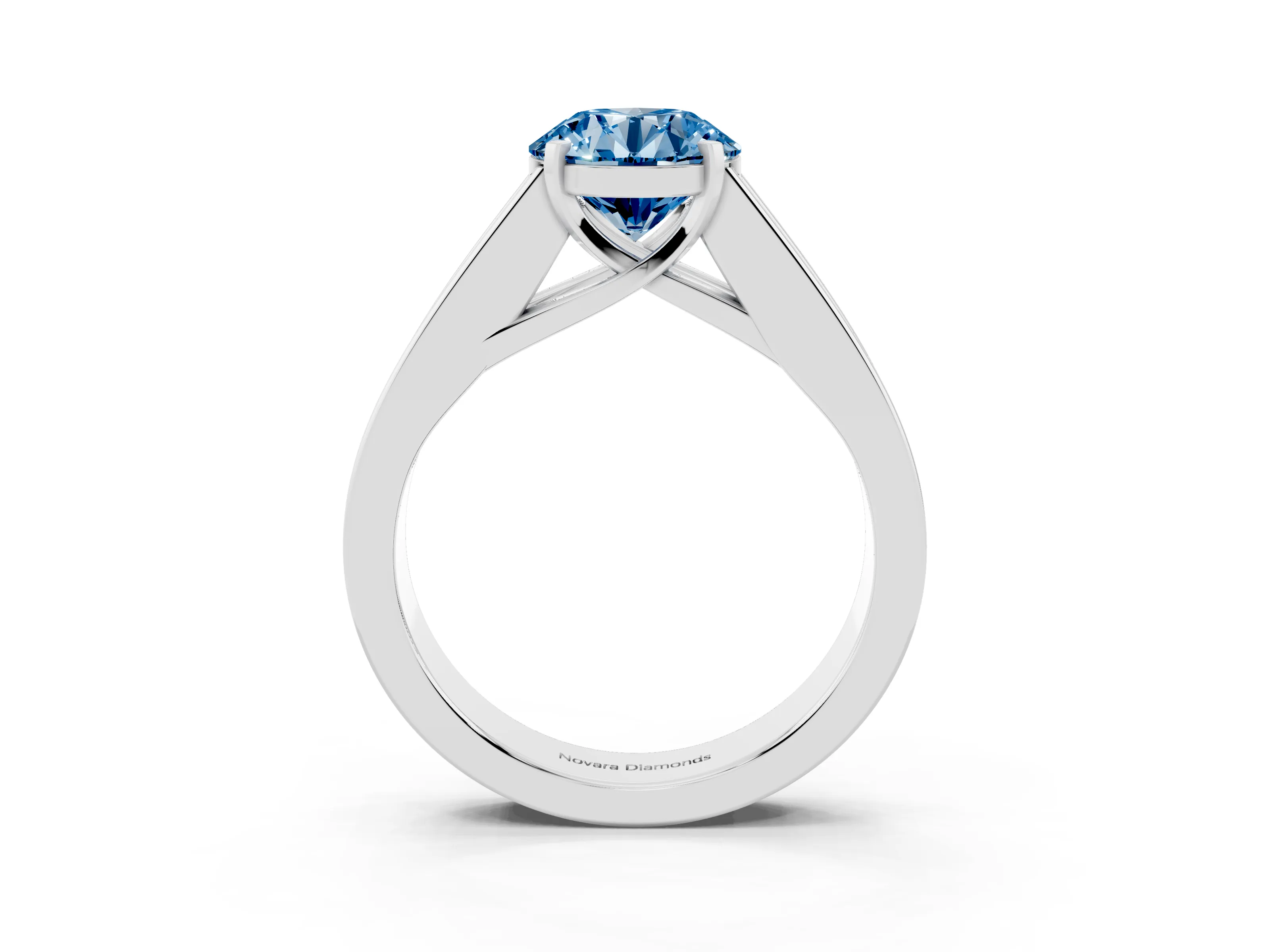 Fancy Blue Round Cut Diamond Solitaire Ring Set in Silver with Channel-Set Accent Stones and Prong Setting