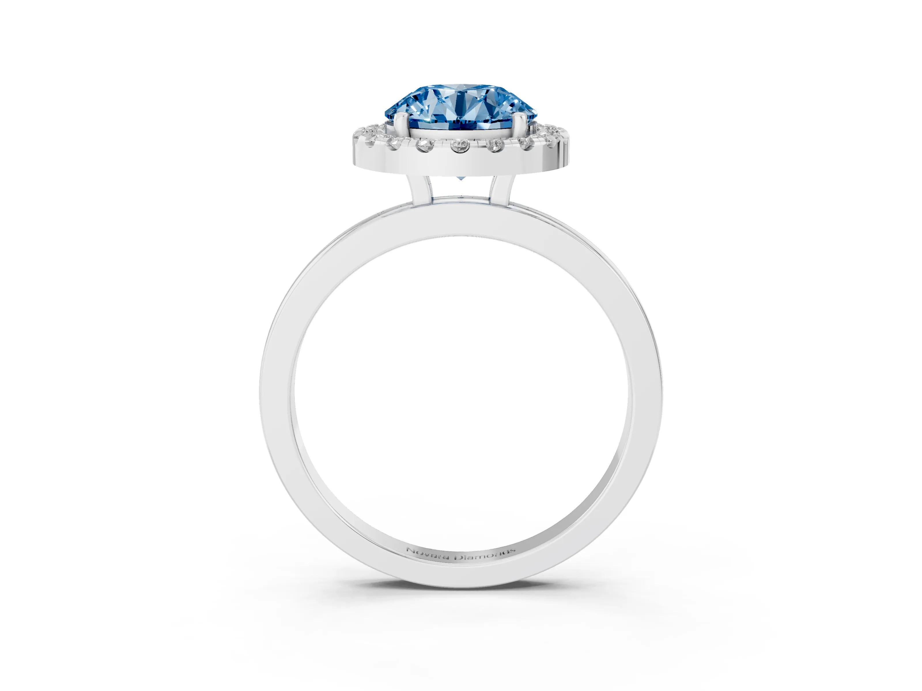Fancy Blue Round Cut Diamond Halo Solitaire Ring Set in White gold with Pavé Band and Prong Setting