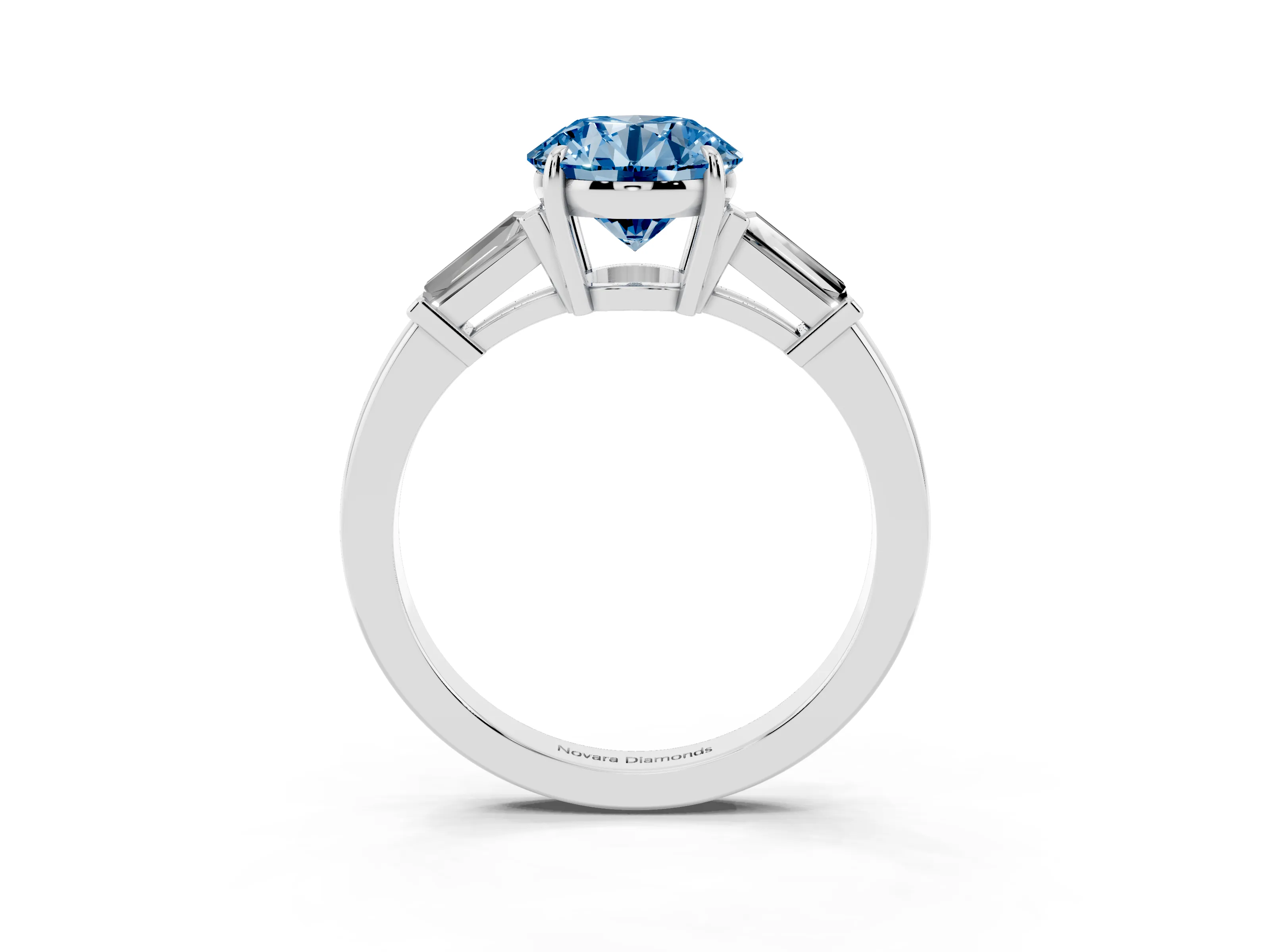 Fancy Blue Round Cut Diamond Three-Stone Ring Set in White gold with Tapered Baguette Side Stones and Prong Setting