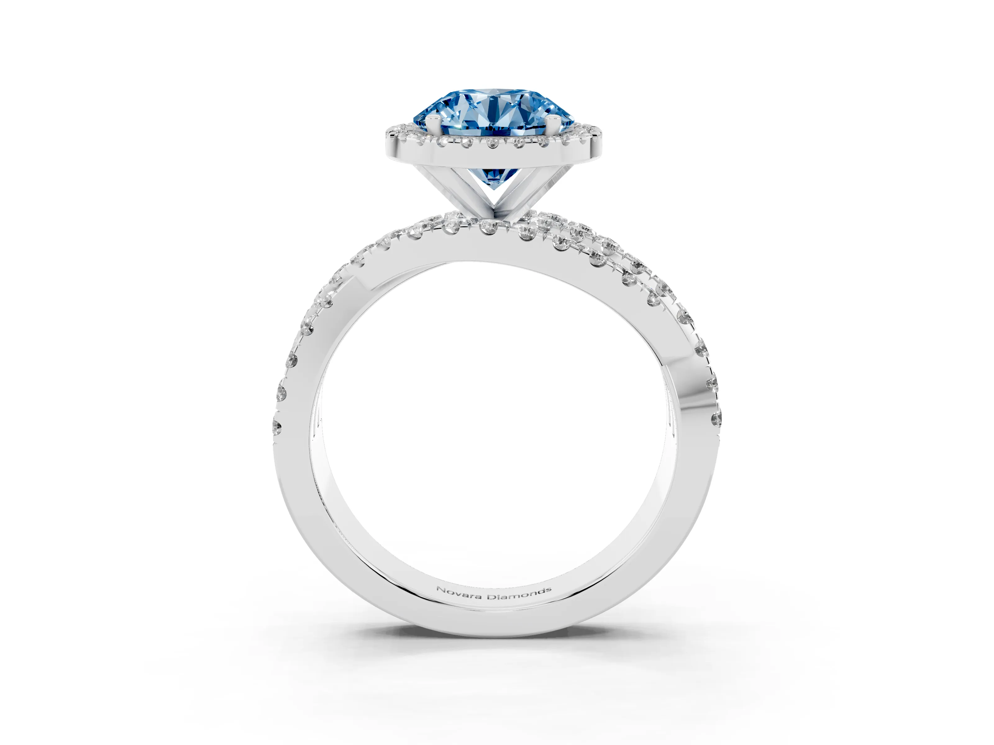 Fancy Blue Round Cut Diamond Halo Ring Set in Silver with Round Crossover Split Shank and Prong Setting