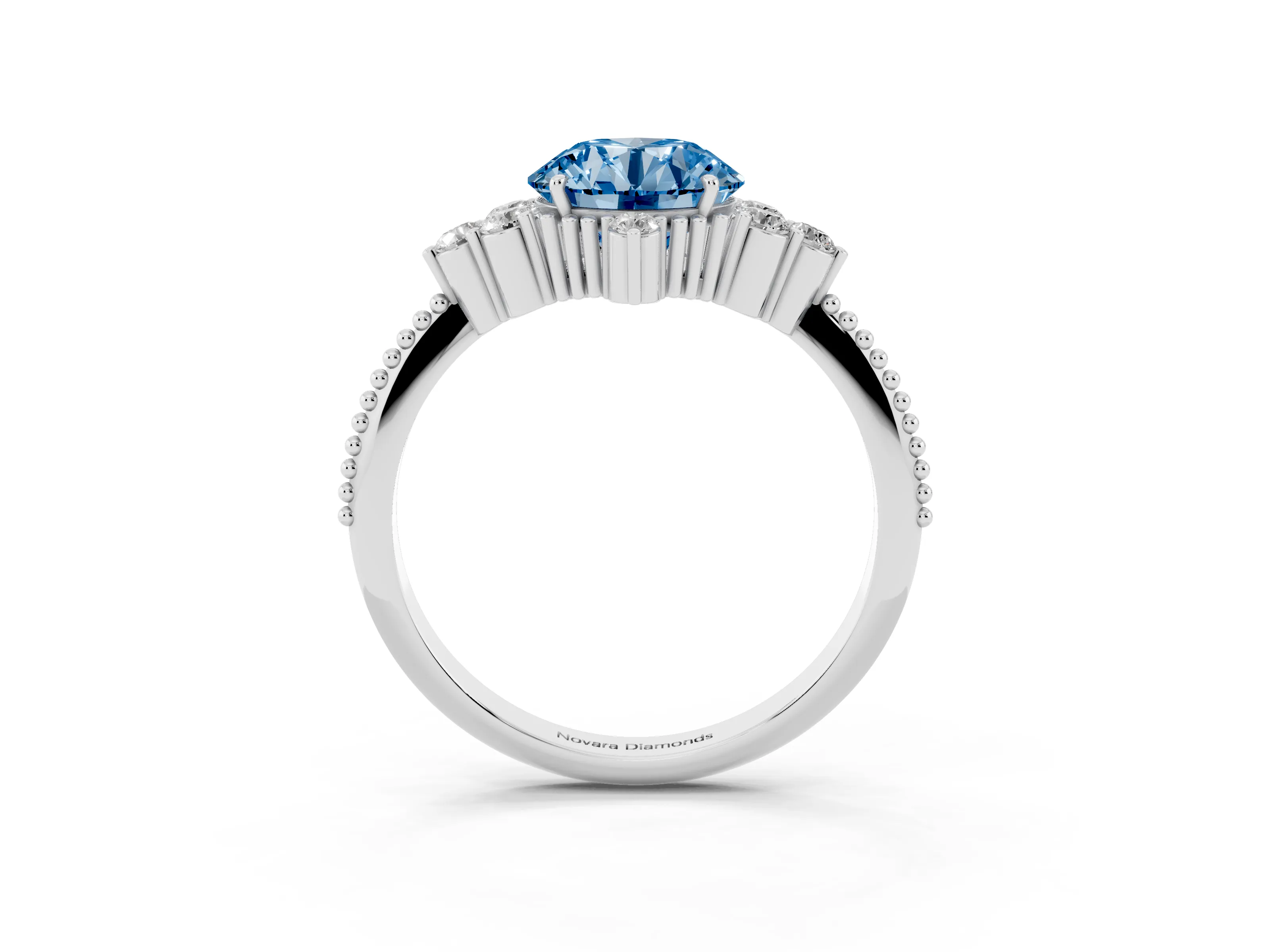 Fancy Blue Round Cut Diamond Cluster Ring Set in Silver with Beaded Band