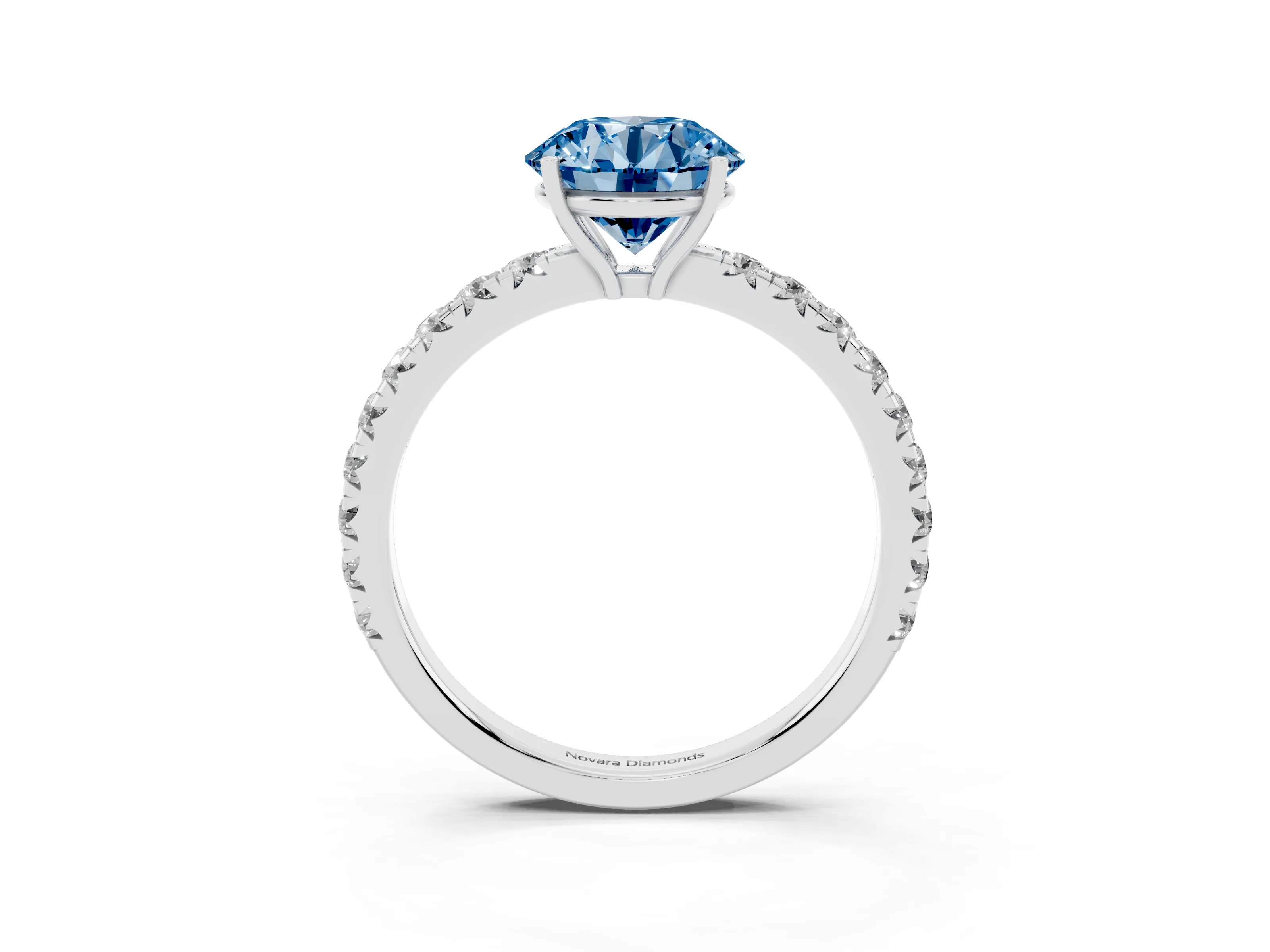 Fancy Blue Round Cut Diamond Pavé Solitaire Engagement Ring Set in White gold with Prong Setting