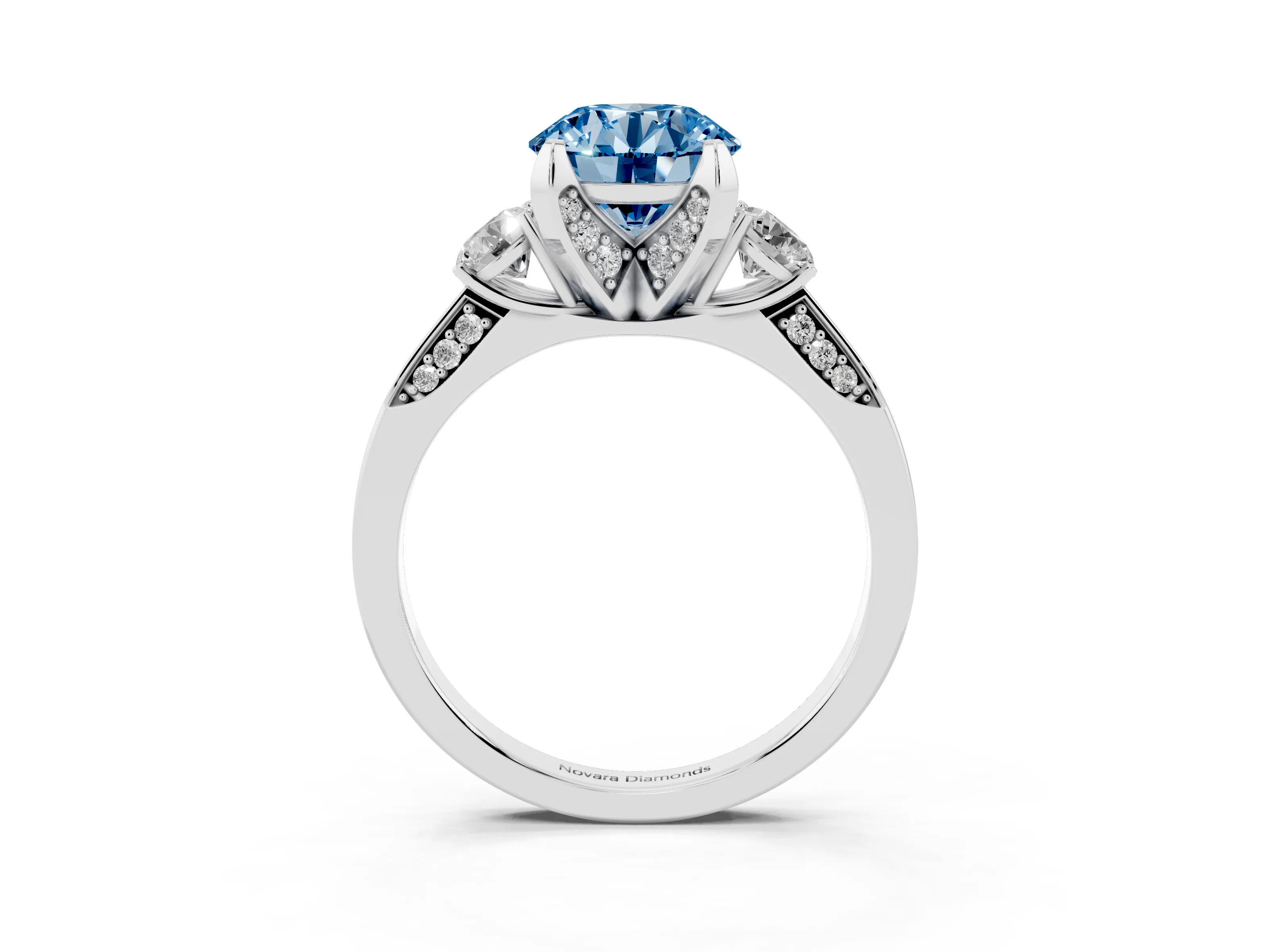 Fancy Blue Round Cut Diamond Three-Stone Ring Set in Silver with Pavé Band and Smaller Side Stones