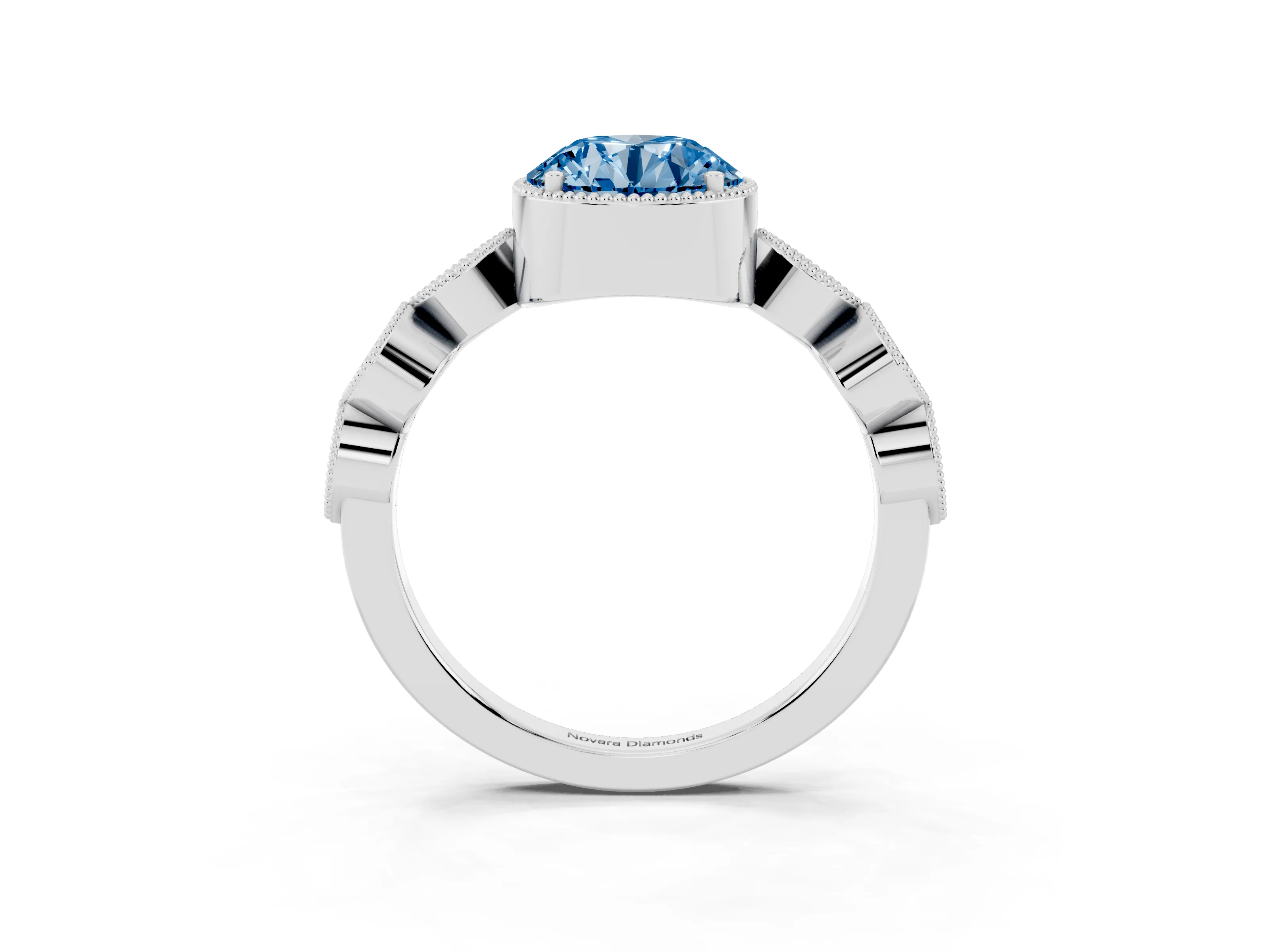 Fancy Blue Round Cut Diamond Vintage-Inspired Milgrain Ring Set in Platinum with Marquise Stations of Round Accents