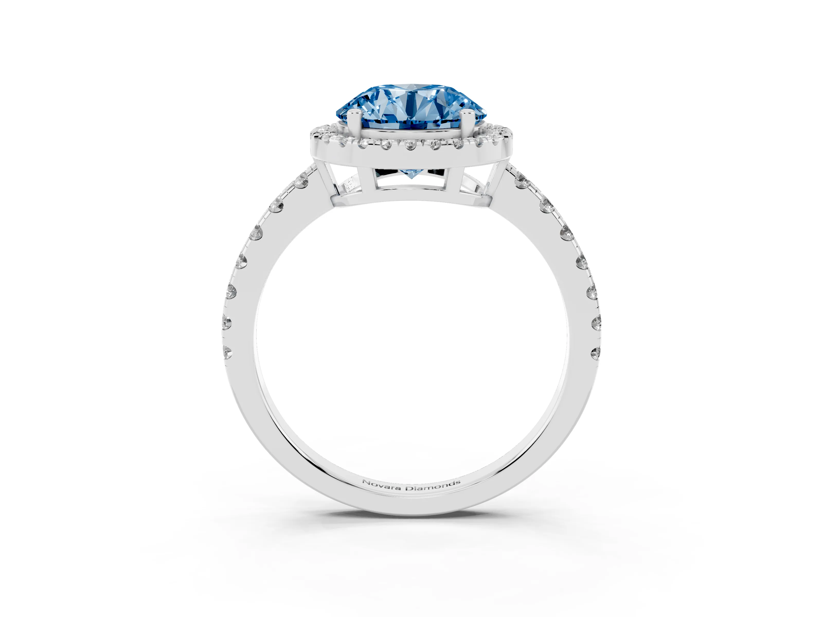 Fancy Blue Round Cut Diamond Halo Ring Set in Platinum with Delicate Pavé Band and Prong Setting