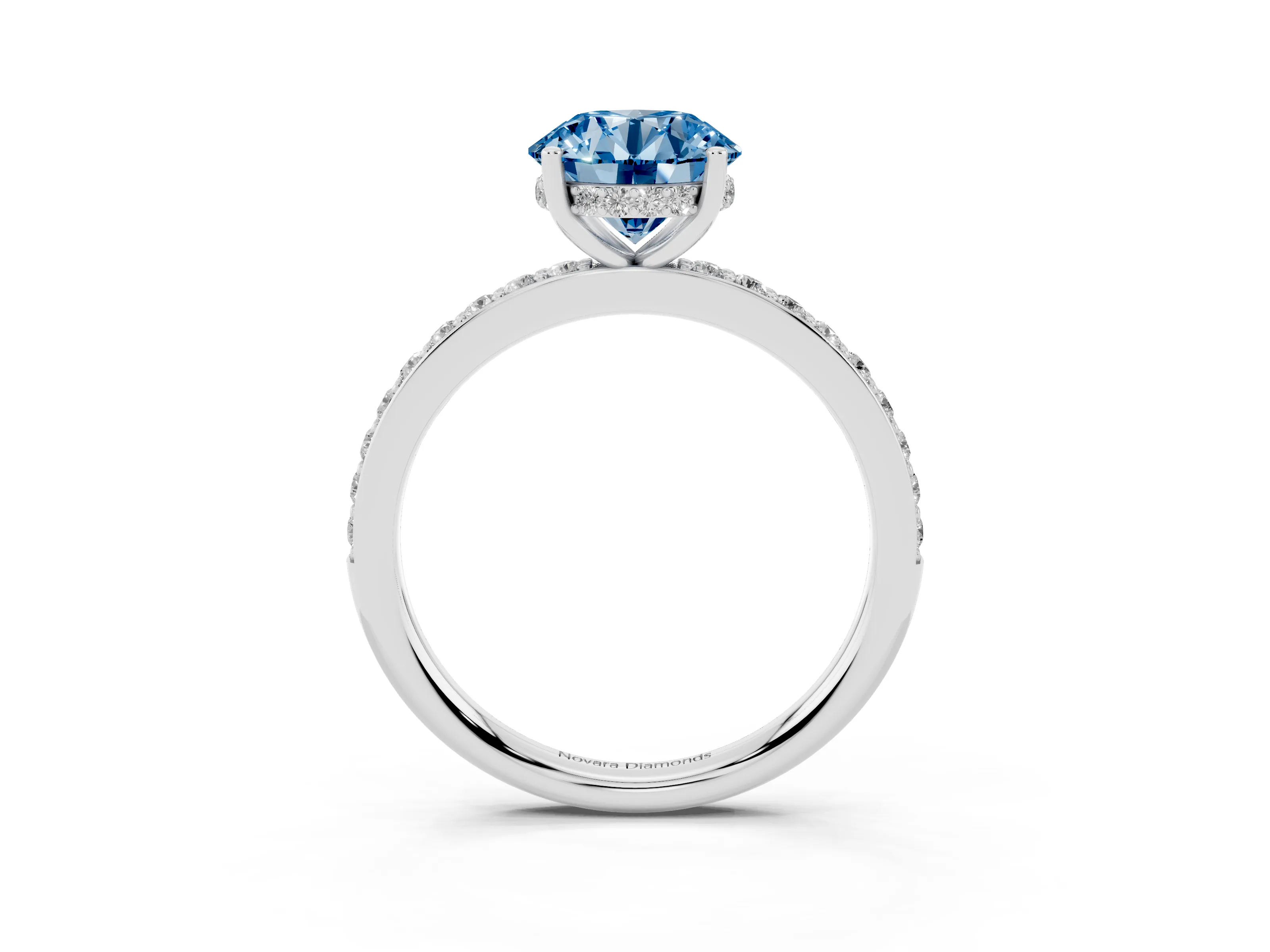 Fancy Blue Round Cut Diamond Pavé Band Ring Set in Silver with Prong-Set Center Stone