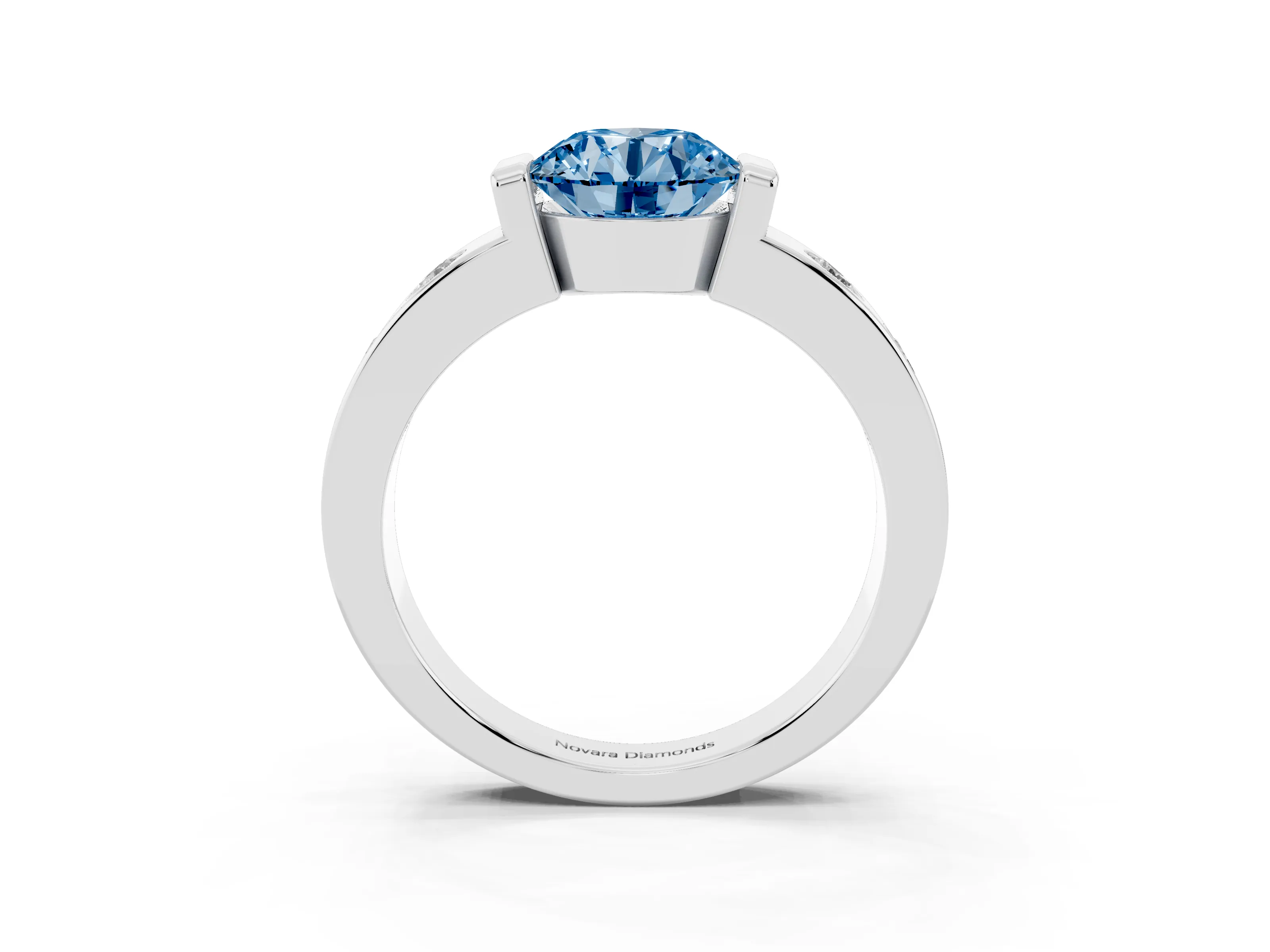 Fancy Blue Round Cut Diamond Channel-Set Band Ring Set in White gold with Bezel Prong Setting