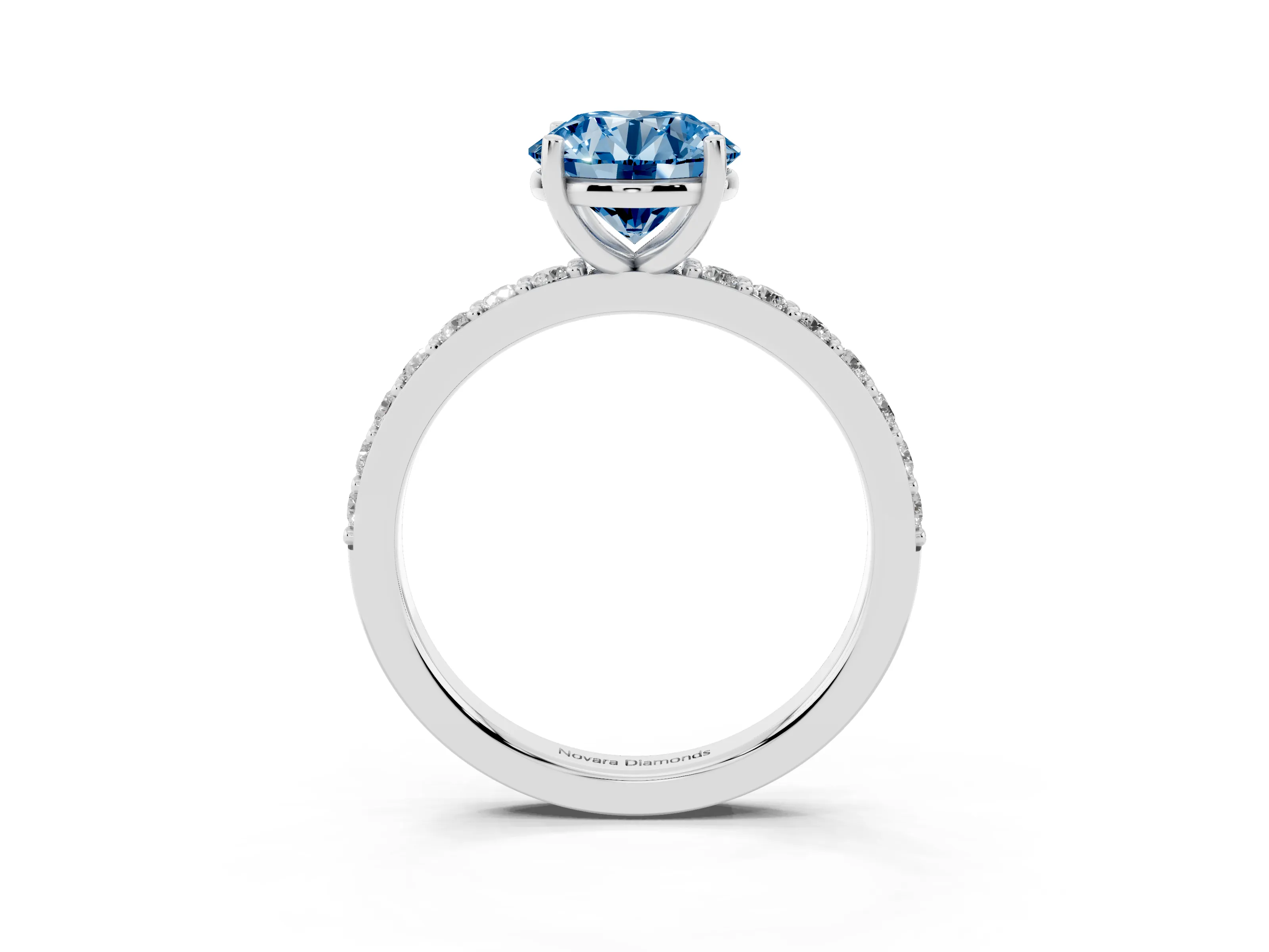 Fancy Blue Round Cut Diamond Solitaire Set in Silver with Round Pavé Band and Prong Setting