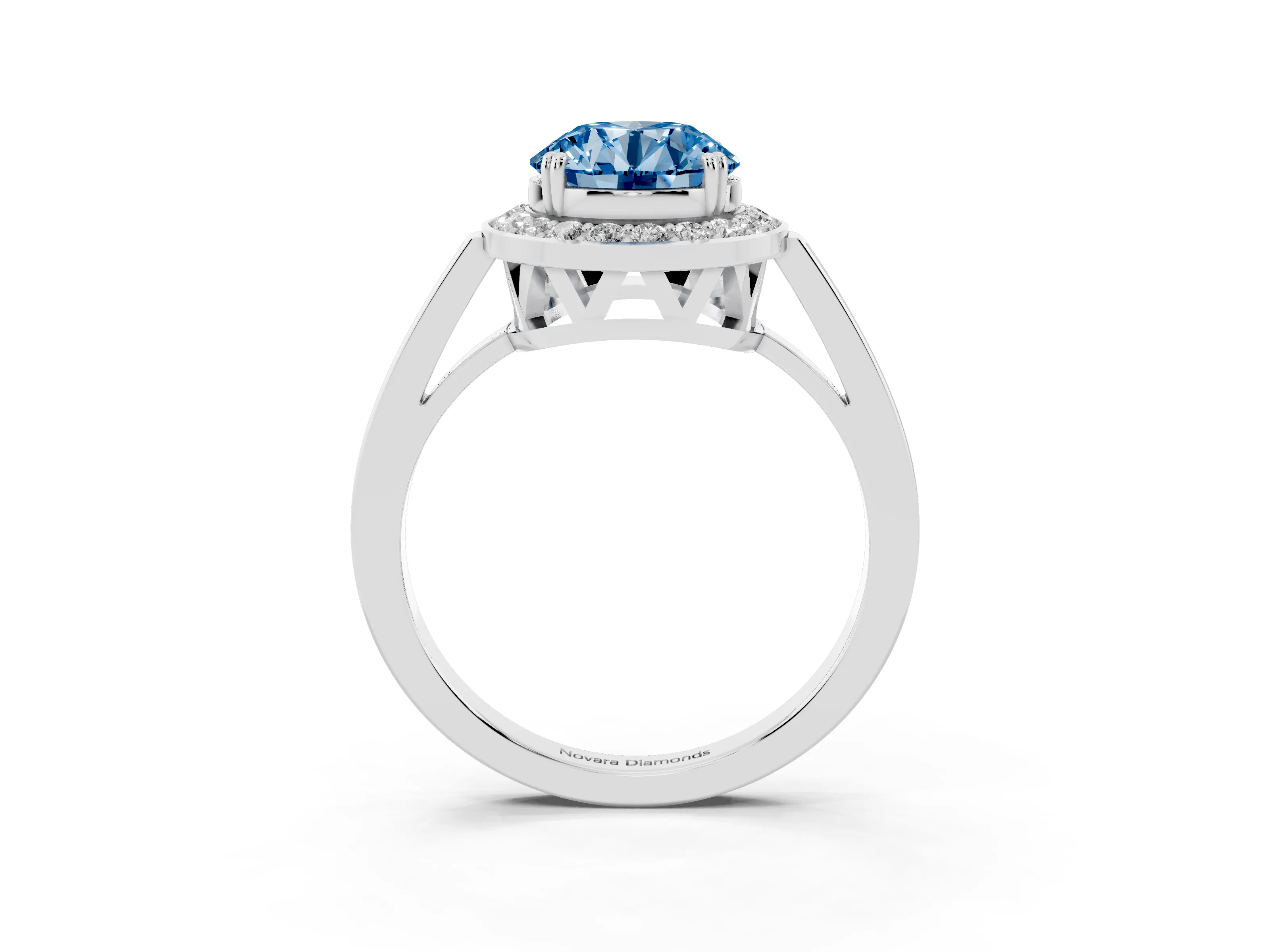 Fancy Blue Round Cut Diamond Halo Ring Set in Silver with Accent-Lined Split Shank and Prong Setting