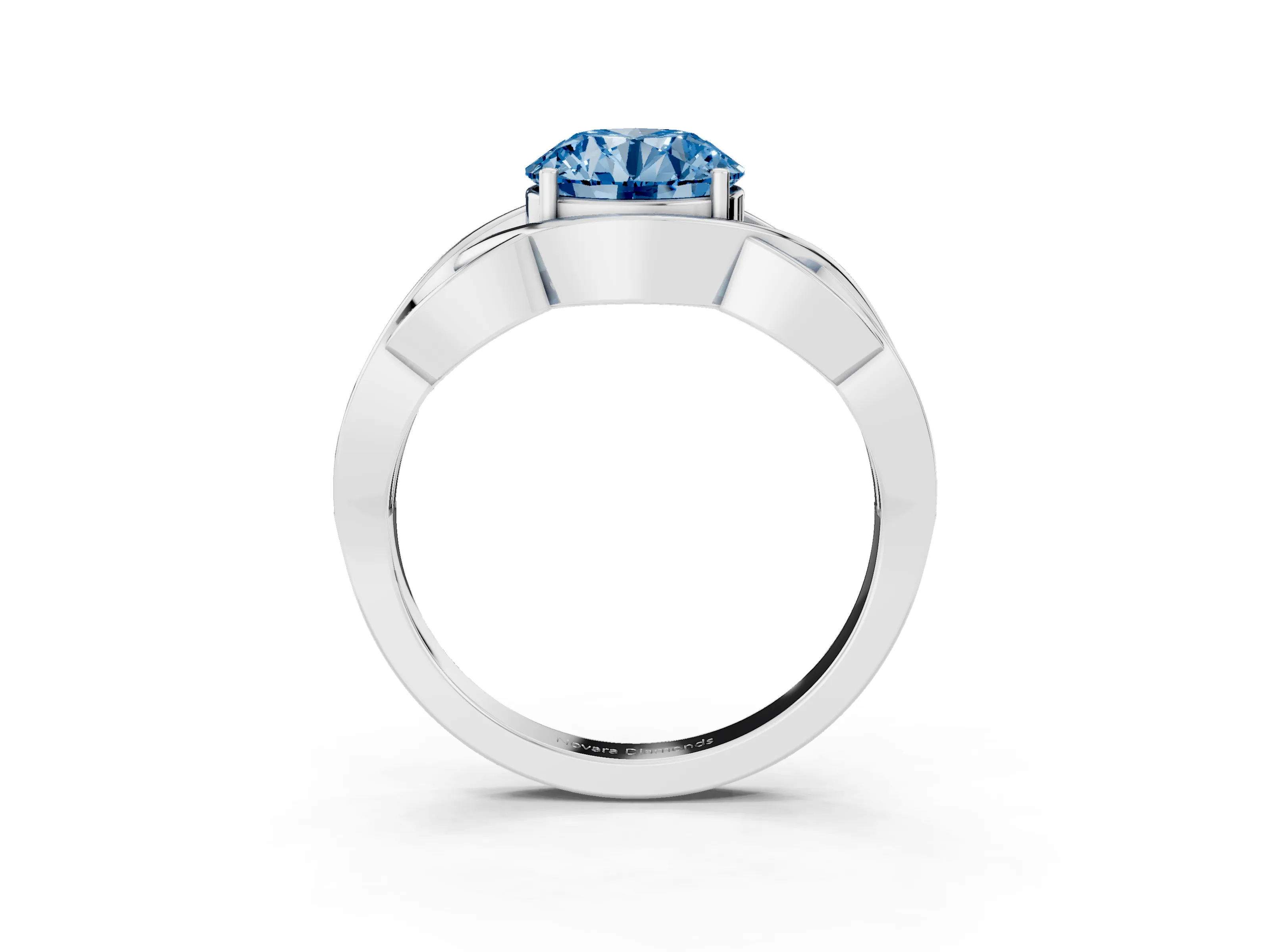 Fancy Blue Round Cut Diamond Solitaire Ring Set in Silver with Intertwined Band