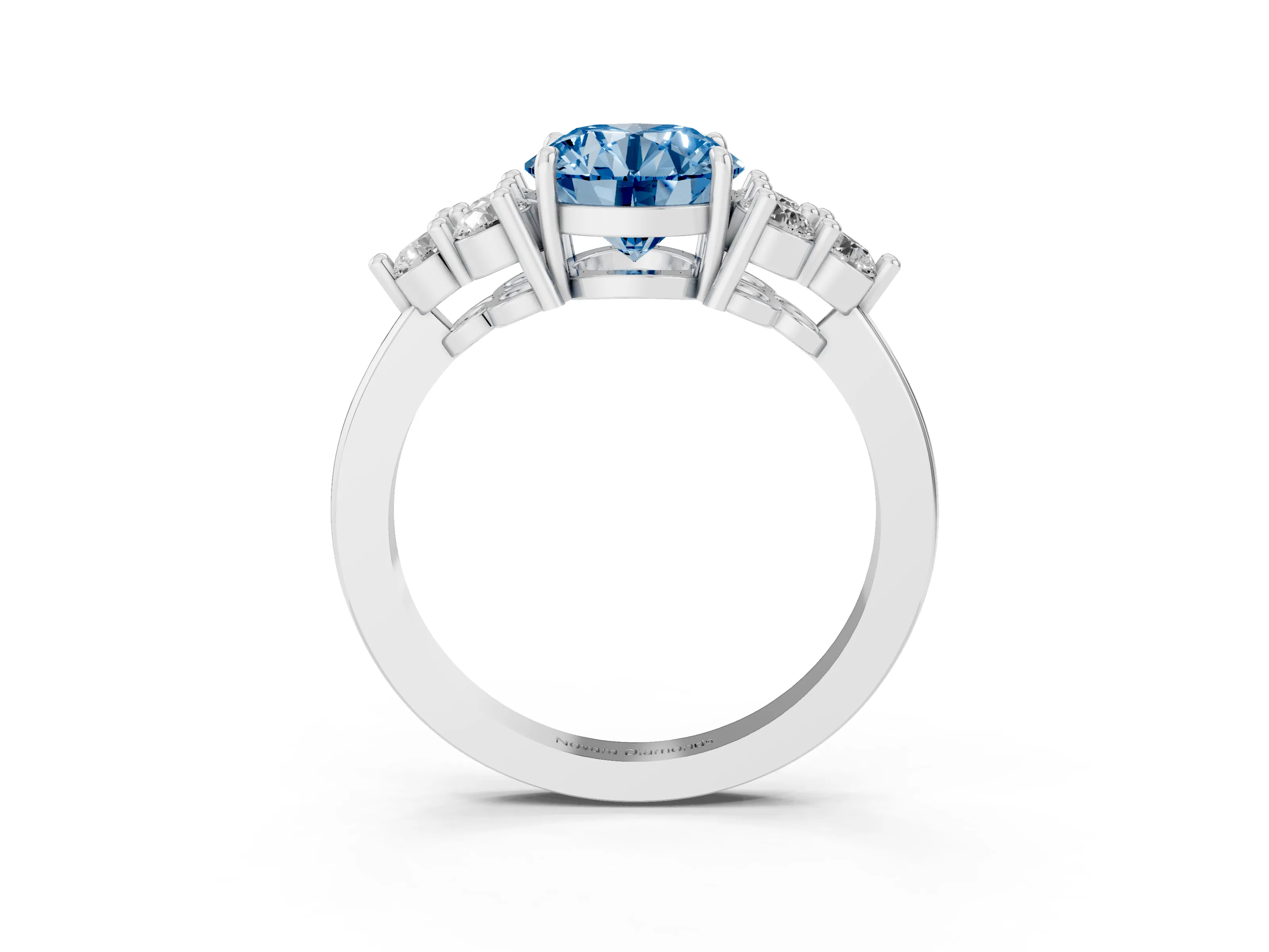 Fancy Blue Round Cut Diamond Solitaire Ring Set in Silver with Cluster Accents on Each Side