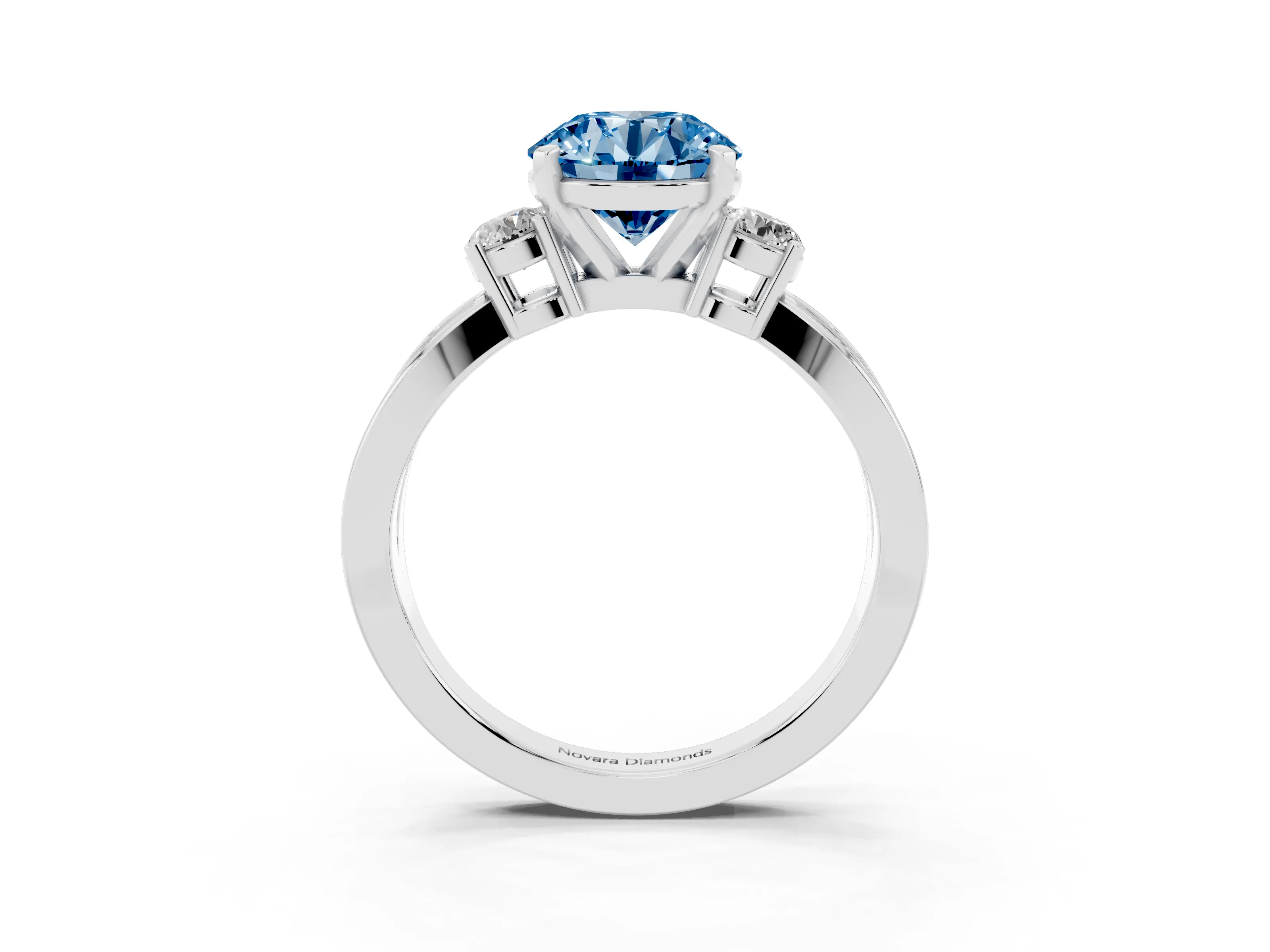 Fancy Blue Three-Stone Round Cut Diamond Twist Band Ring Set in White gold with Pavé Accents and Prong Setting