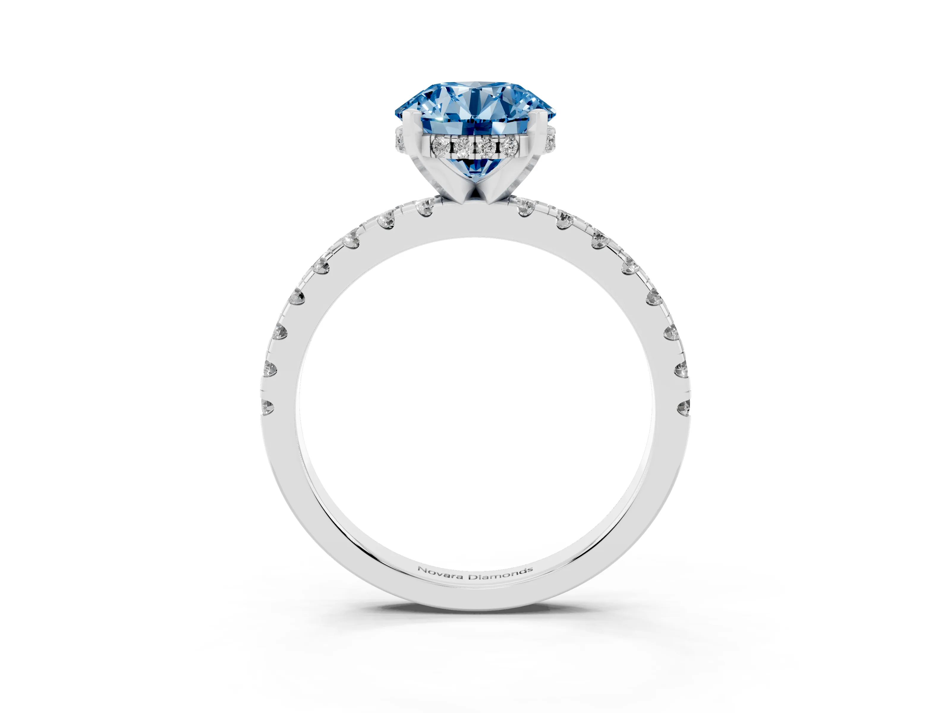 Fancy Blue Round Cut Diamond Pavé Solitaire Ring Set in Platinum with Round Band Accents and Prong Setting
