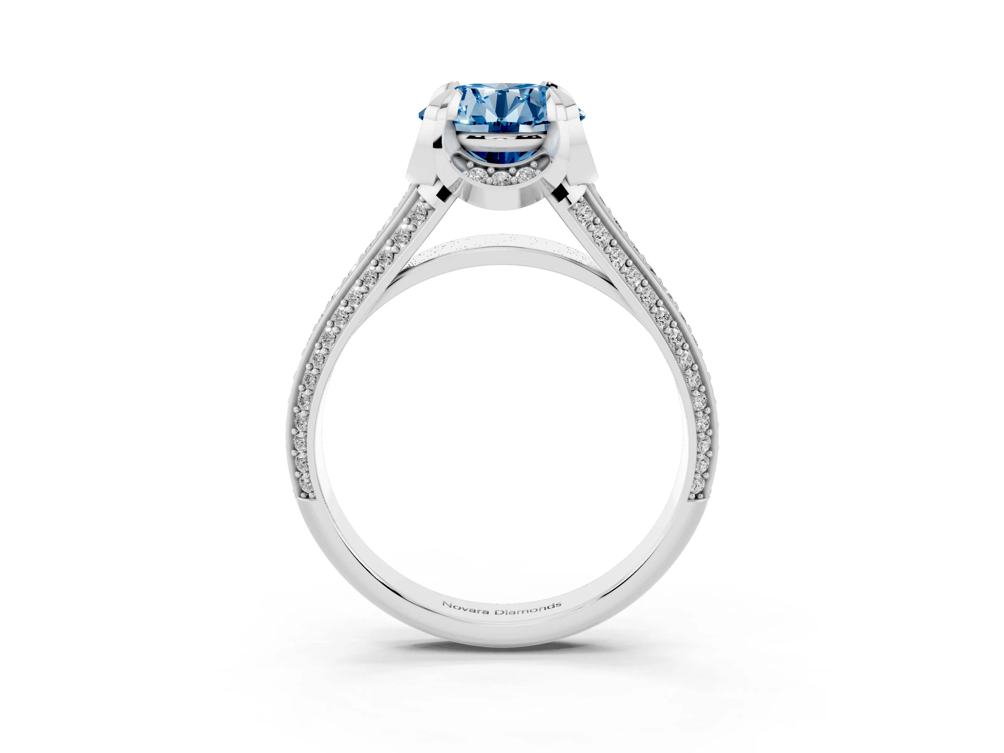 Fancy Blue Round Cut Diamond Pavé Split Shank Solitaire Ring Set in White gold with Prong Setting
