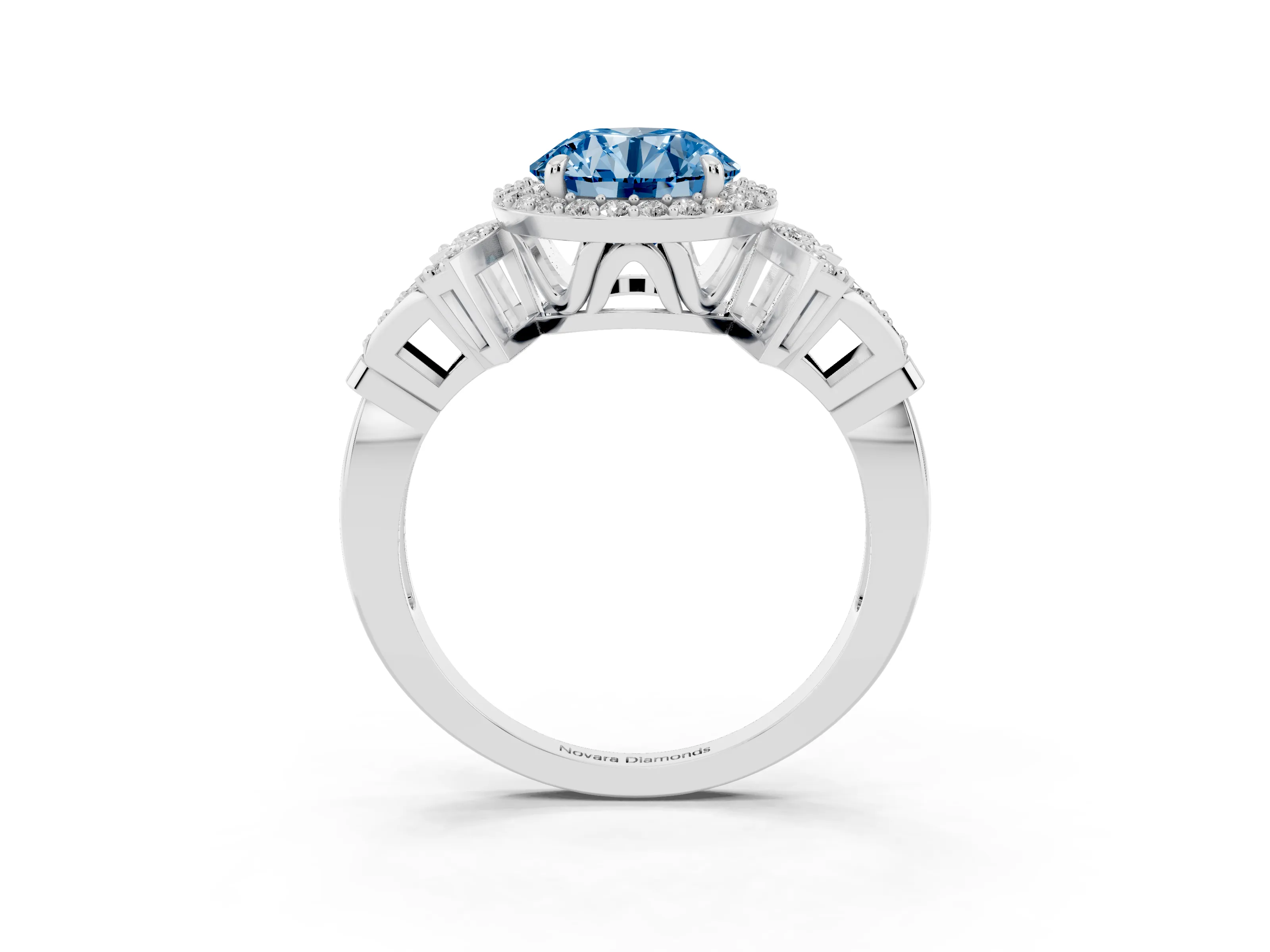 Fancy Blue Round Cut Diamond Halo Engagement Ring Set in Silver with Accent Stone Split Shank
