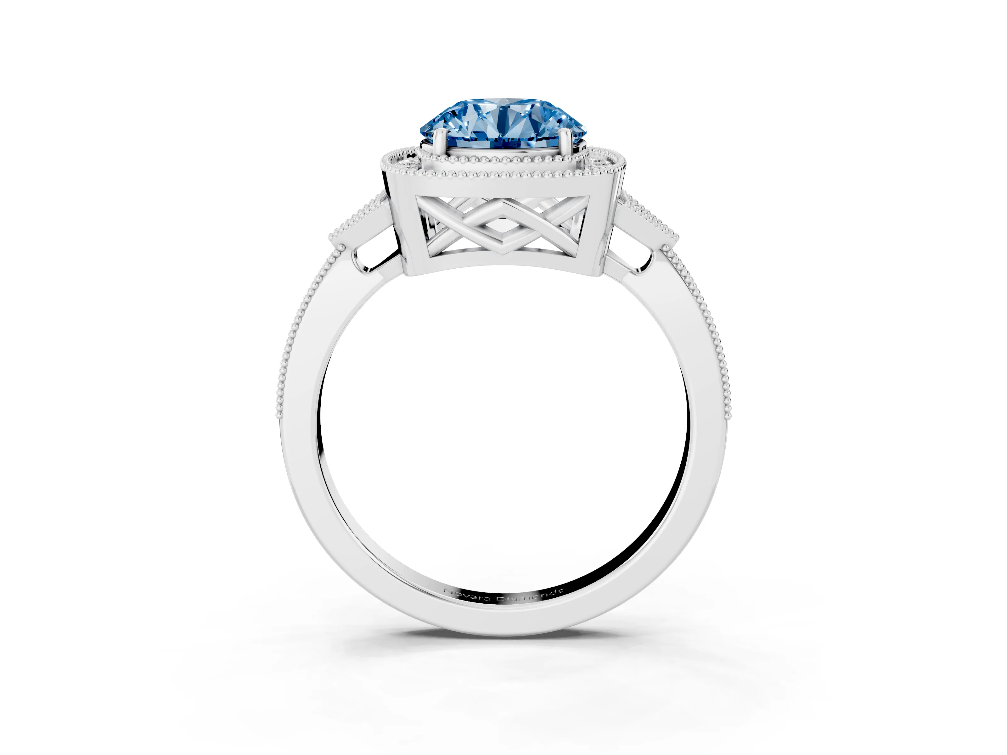 Fancy Blue Round Cut Diamond Halo Engagement Ring Set in Platinum with Milgrain Pavé Band