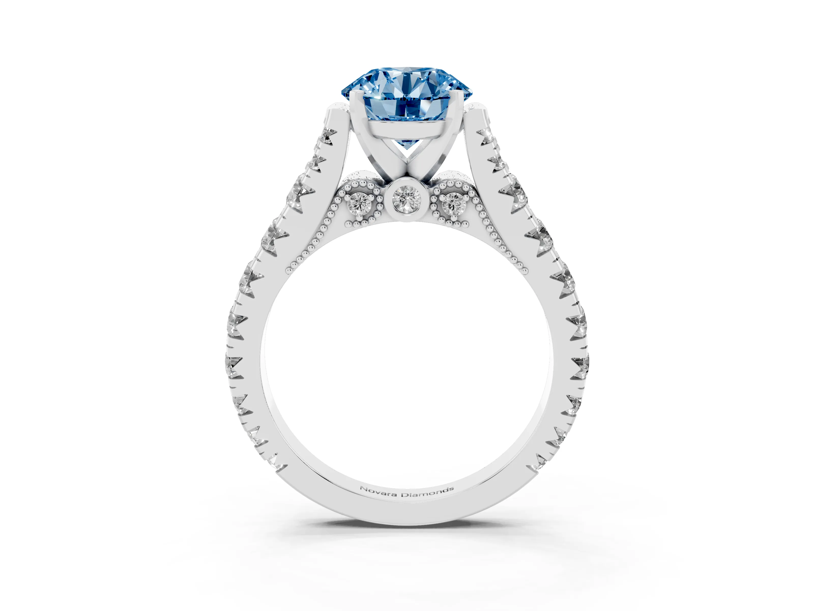 Fancy Blue Round Cut Diamond Classic Solitaire Ring Set in Platinum with Pavé Band and Prong Setting