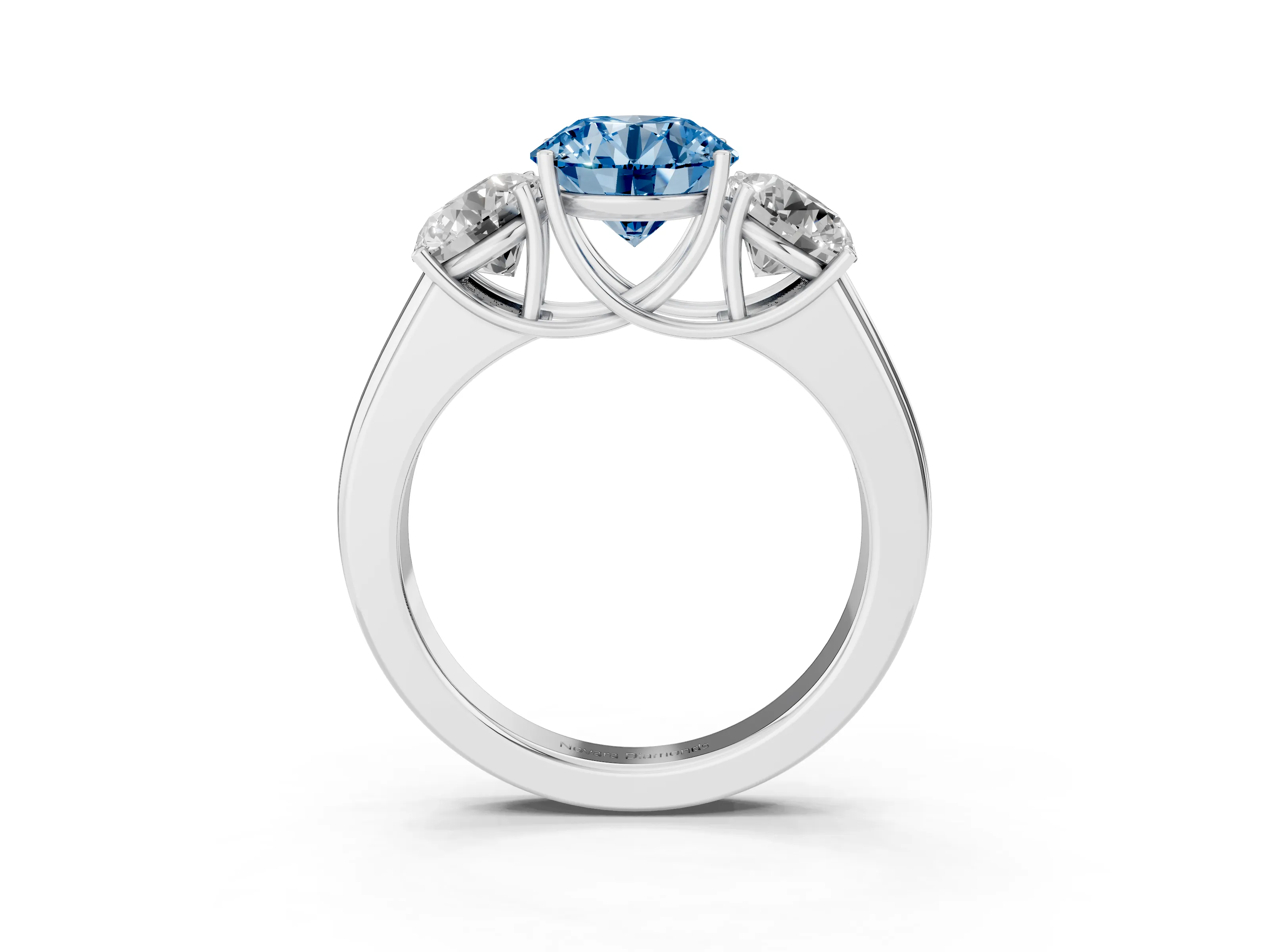 Fancy Blue Three-Stone Round Cut Diamond Ring Set in Silver with Matching Prong Settings and Plain Band