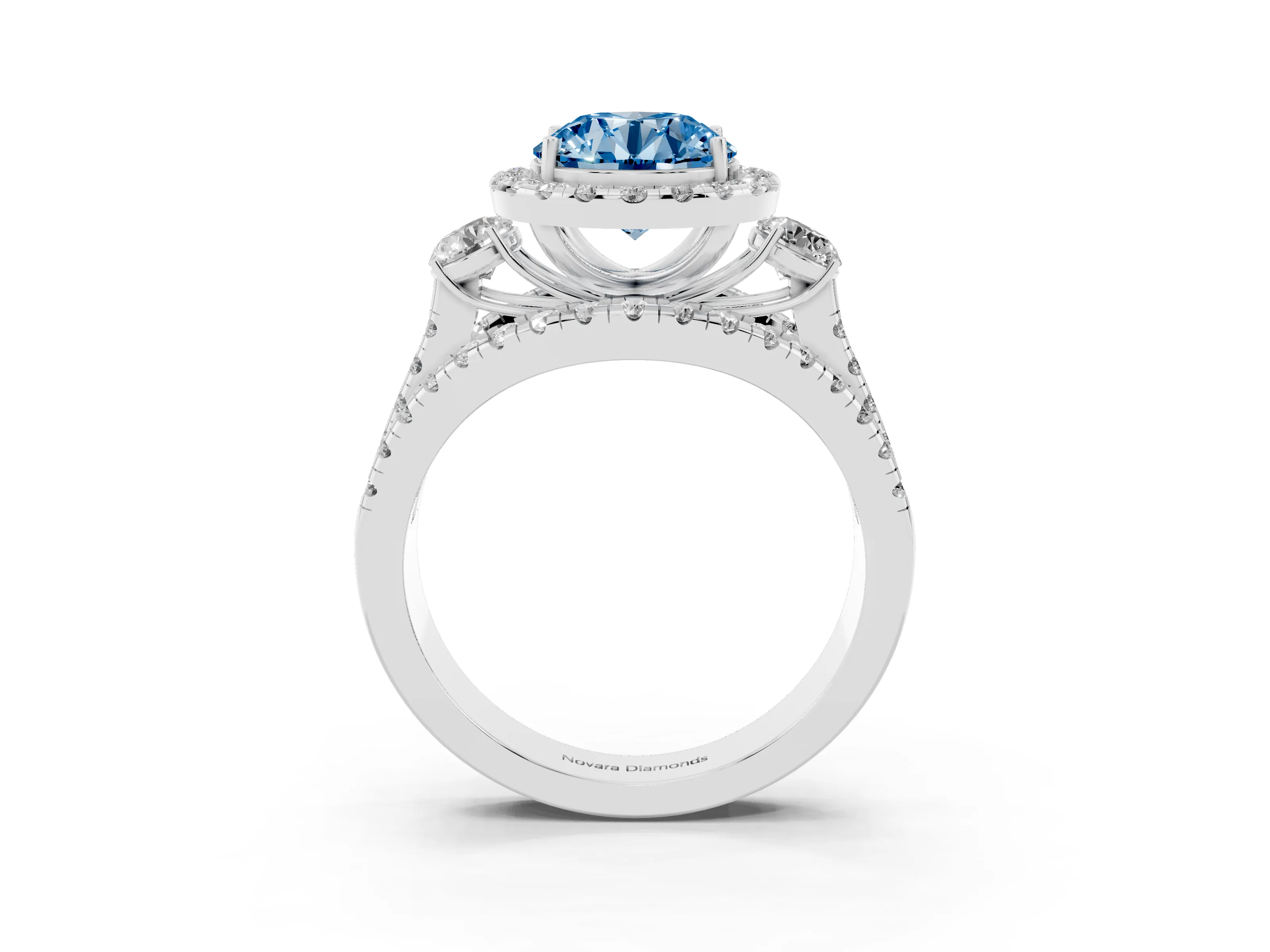 Fancy Blue Round Cut Diamond Halo Split Shank Ring Set in White gold with Round Accent Stones and Prong Setting