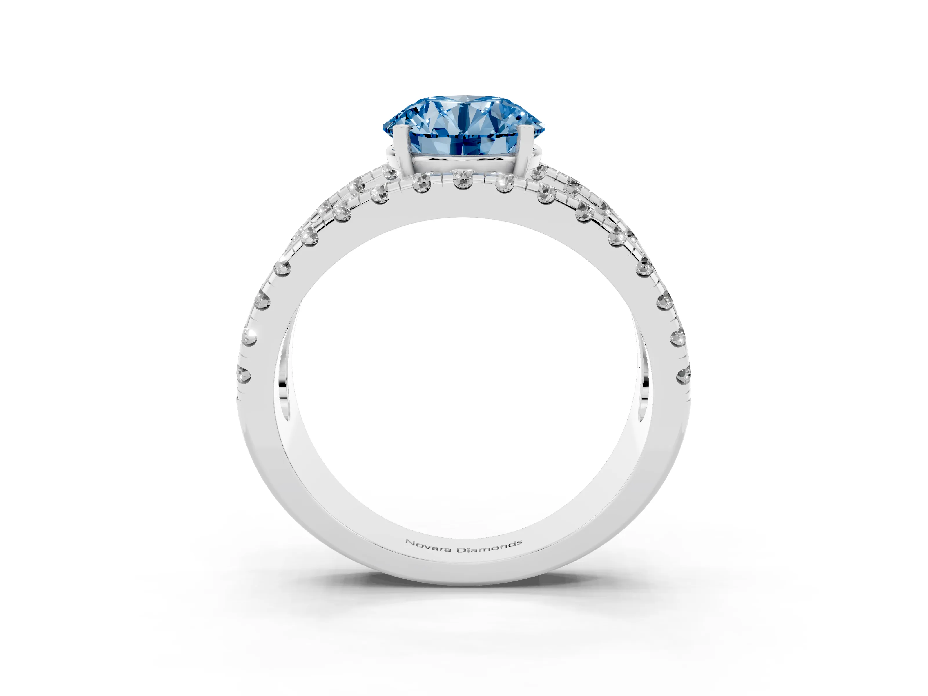 Fancy Blue Round Cut Diamond Split Shank Pavé Solitaire Ring Set in Silver with Open Shank Design