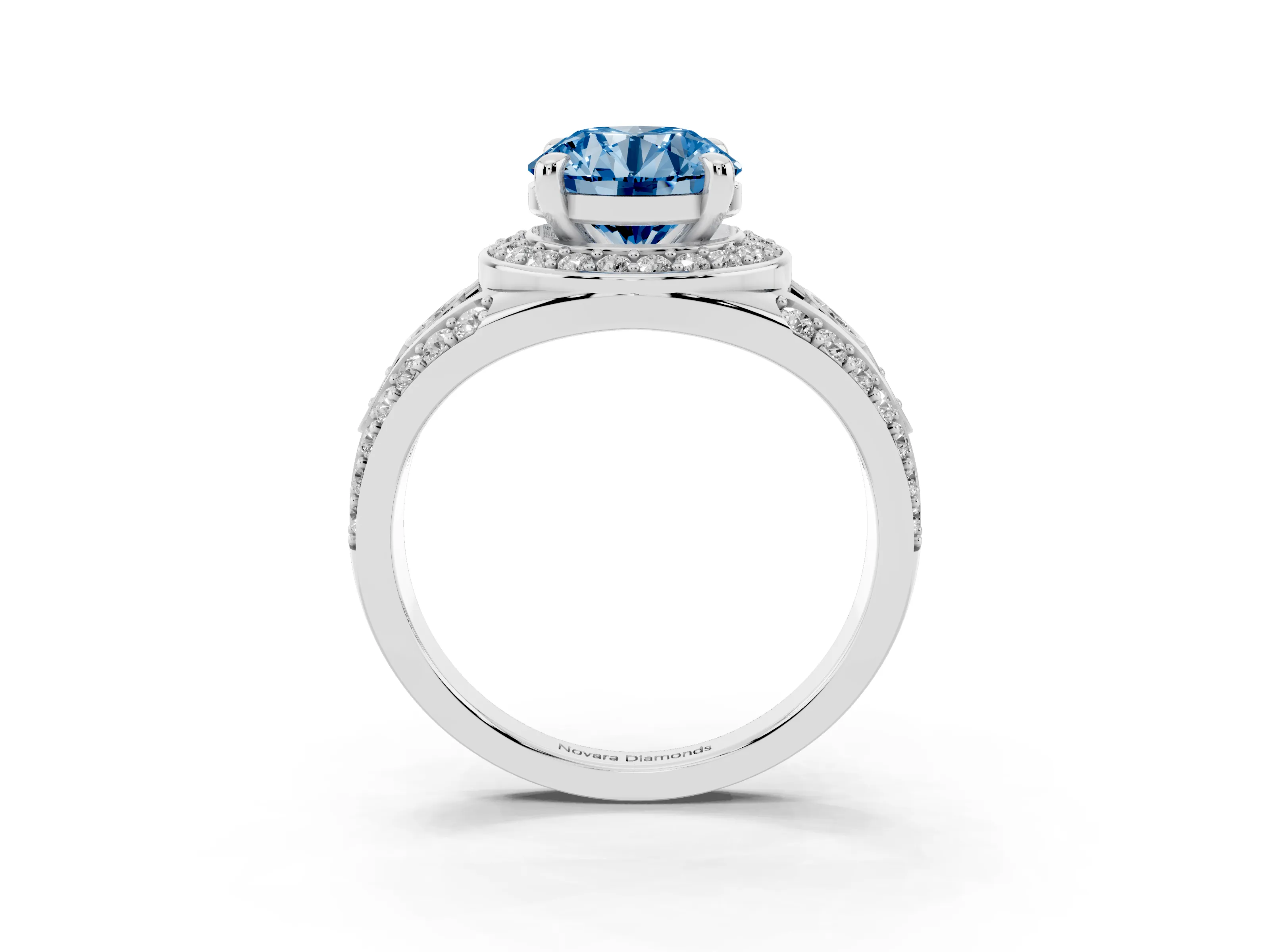 Fancy Blue Round Cut Diamond Halo Ring Set in Platinum with Pavé Split Shank and Bezel Accents