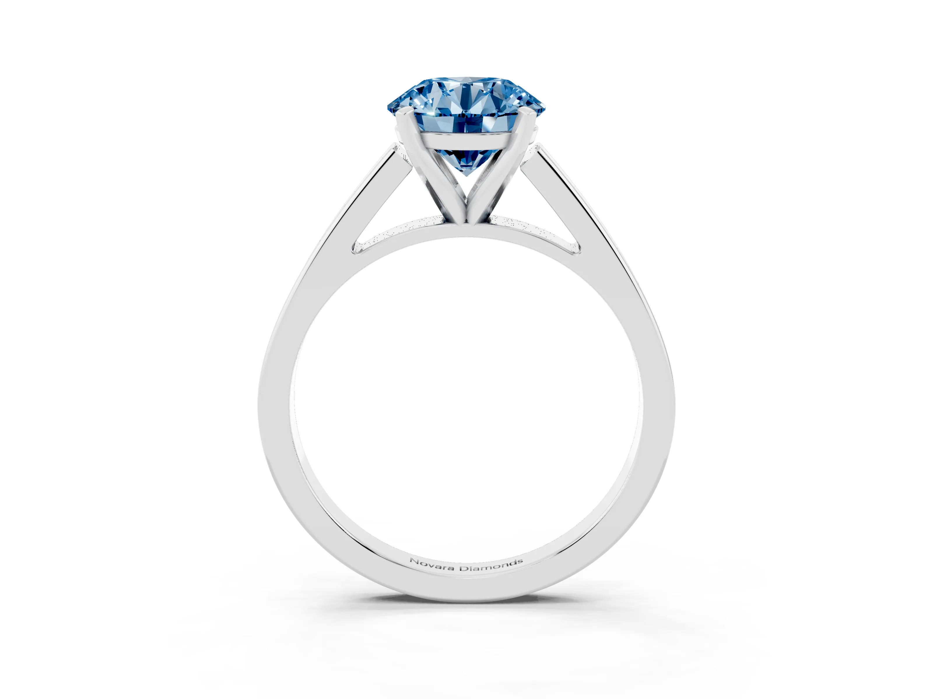 Fancy Blue Round Cut Diamond Solitaire Engagement Ring Set in White gold with Prong Setting and Tapered Band