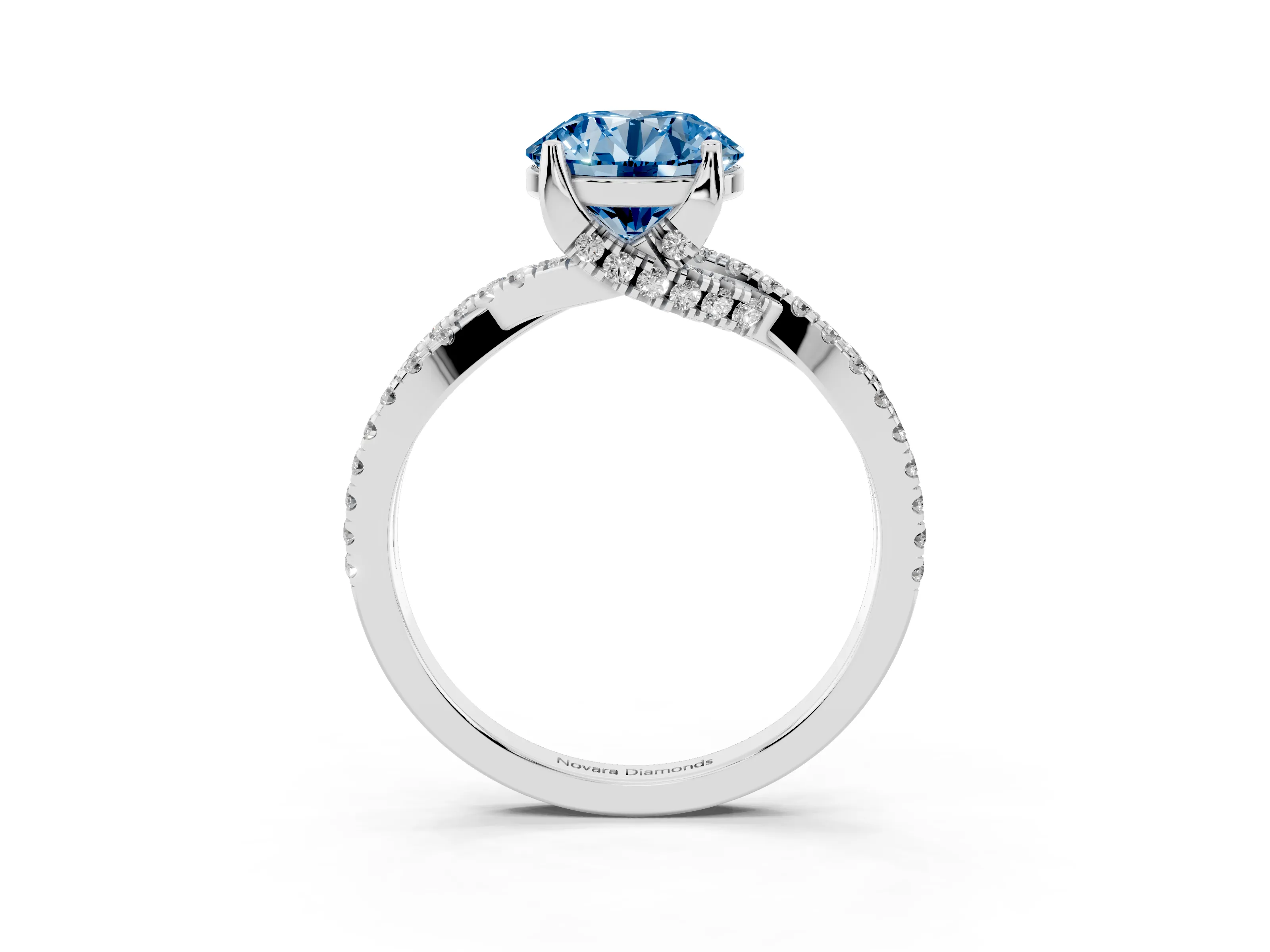 Fancy Blue Round Cut Diamond Twist Pavé Solitaire Engagement Ring Set in Platinum with Prong Setting