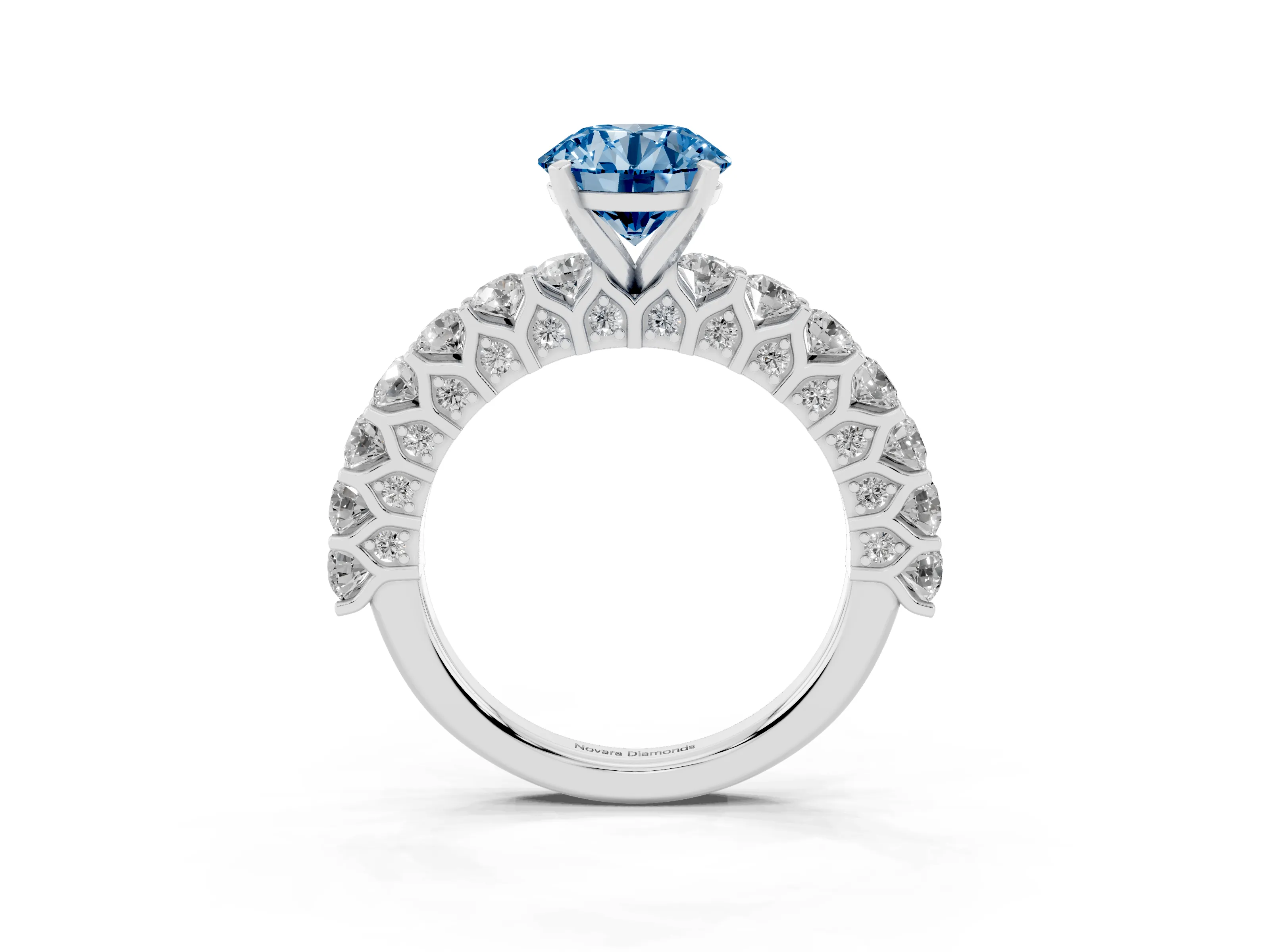 Fancy Blue Round Cut Diamond Solitaire Ring Set in Platinum with Shared Prong Pavé Band