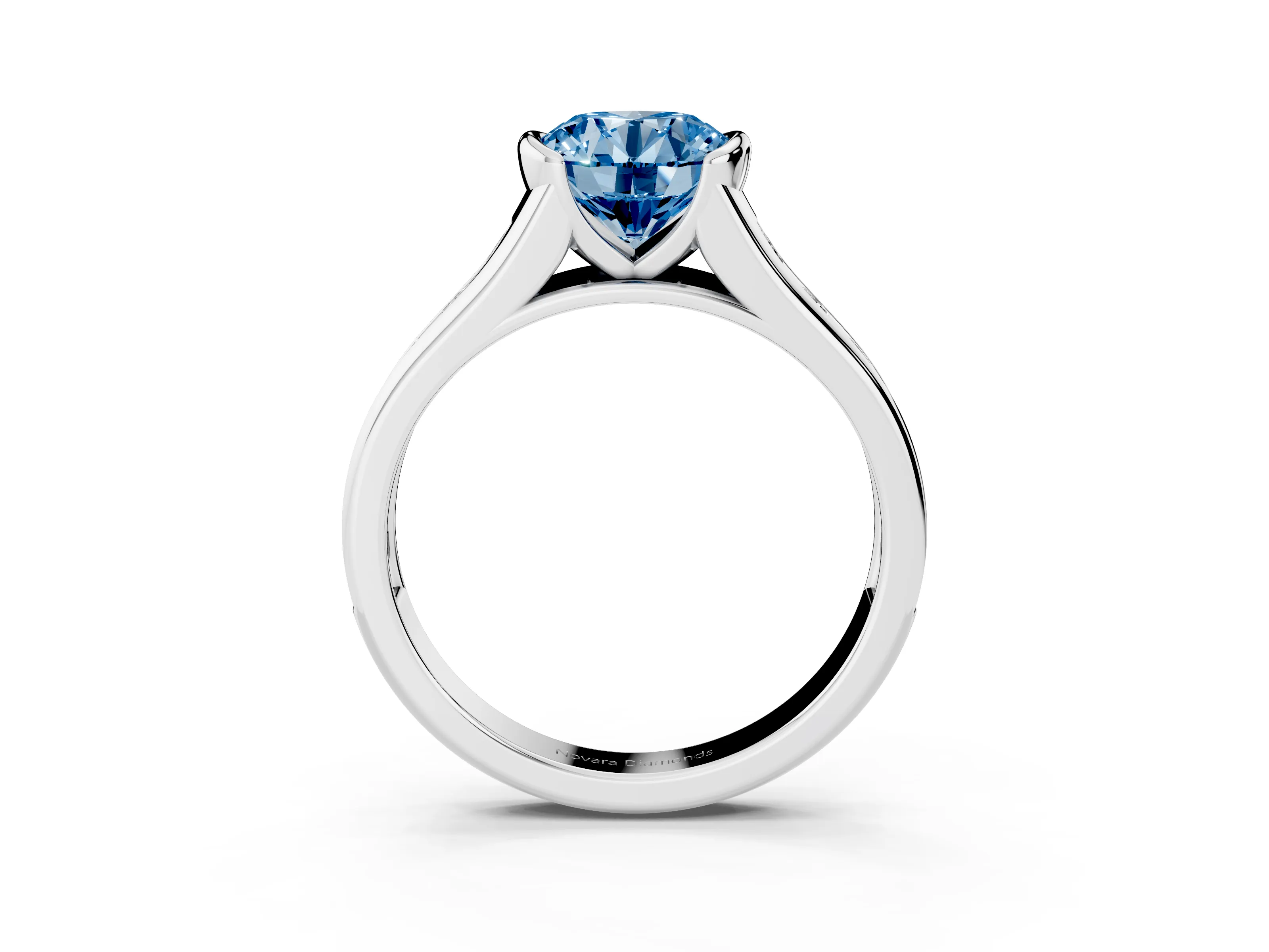 Fancy Blue Round Cut Diamond Bezel-Set Solitaire Ring Set in White gold with Channel-Set Band