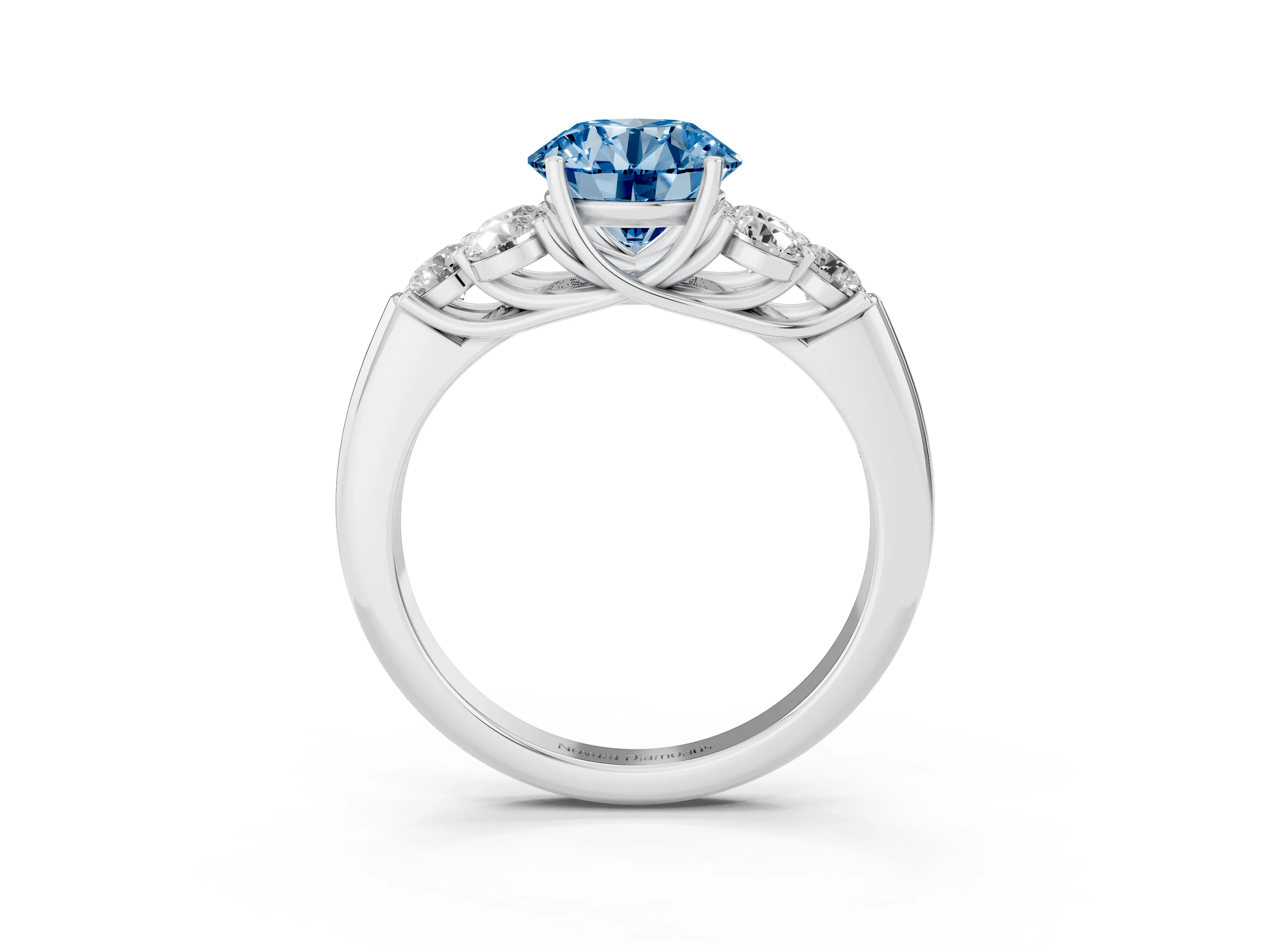 Fancy Blue Round Cut Diamond Cluster Ring Set in Platinum with Round Accent Stones and Prong Setting on a Plain Band