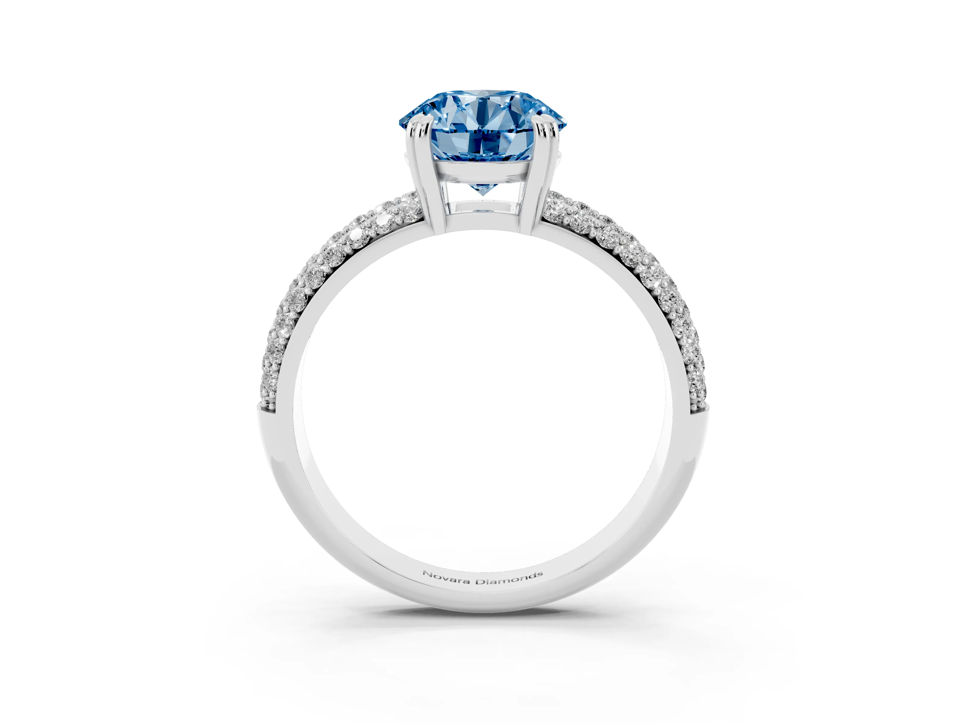 Fancy Blue Round Cut Diamond Solitaire Ring Set in Platinum with Multi-Row Round Pavé Band and Prong Setting