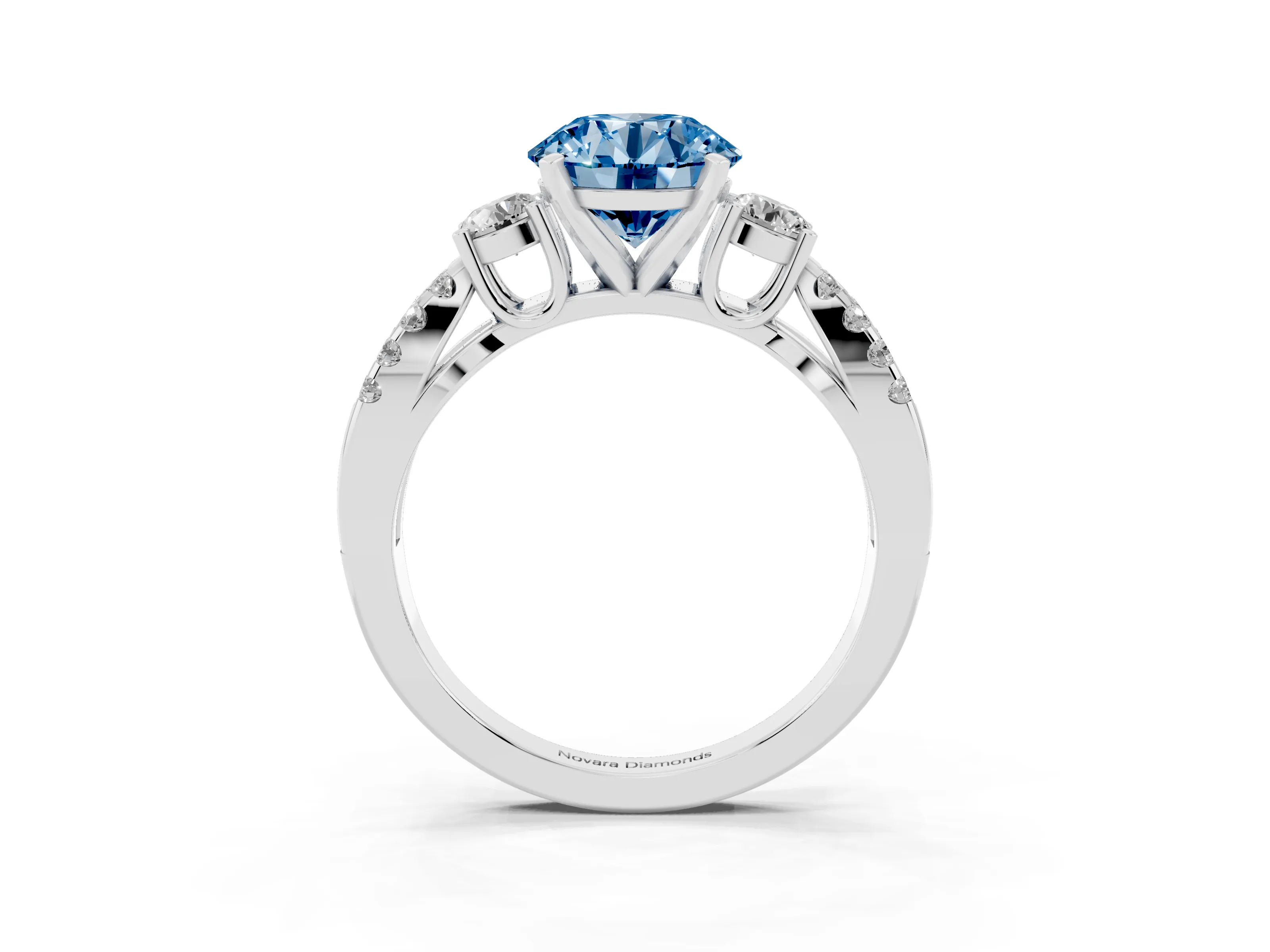 Fancy Blue Round Cut Diamond Three-Stone Ring Set in Silver with Pavé Split Shank and Prong Setting