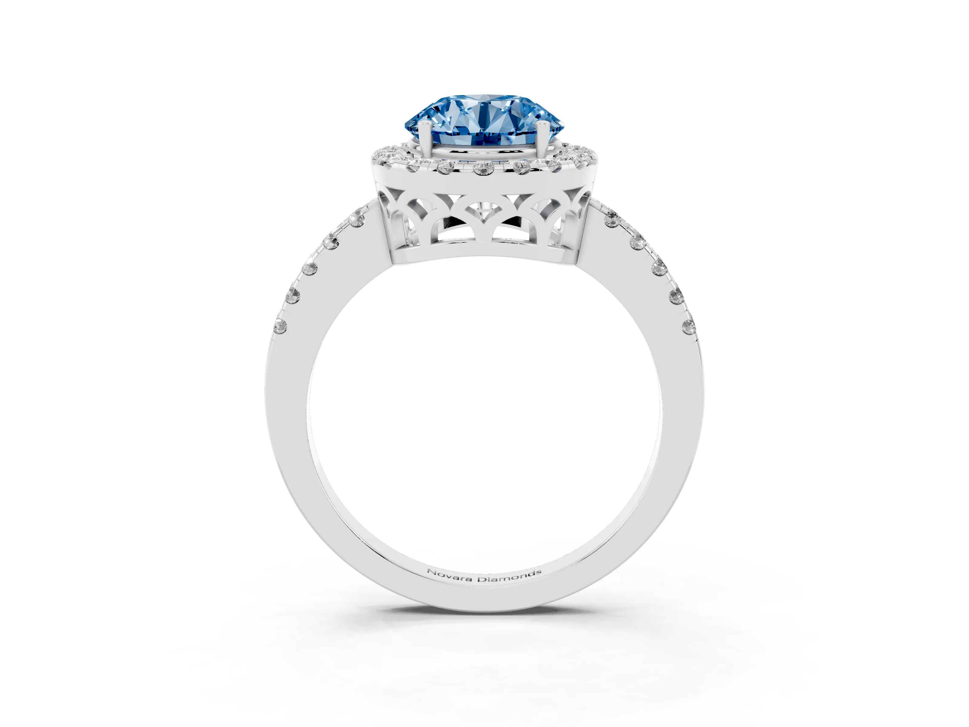 Fancy Blue Round Cut Diamond Pavé Band Halo Engagement Ring Set in White gold with Prong Setting
