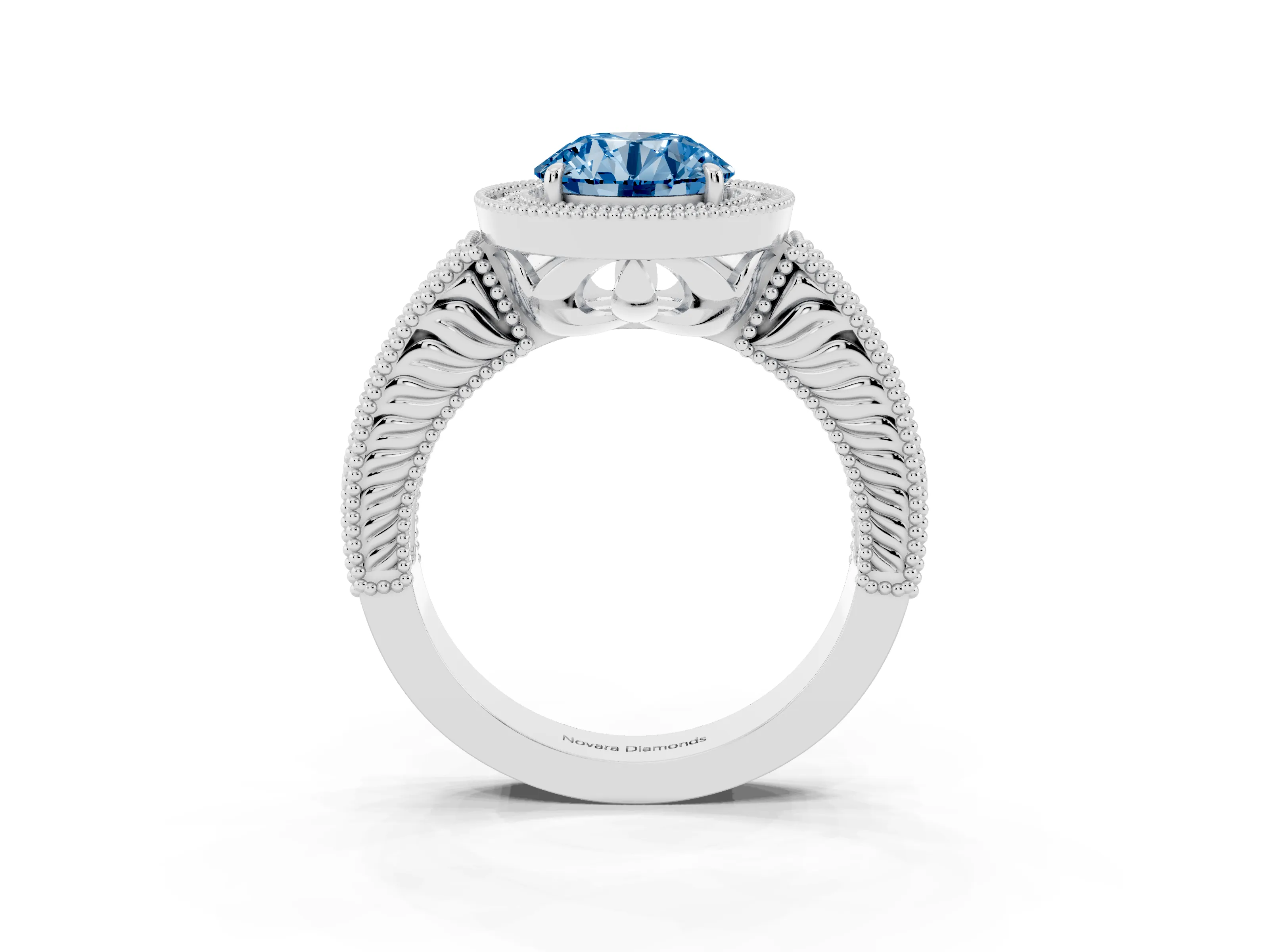 Fancy Blue Round Cut Diamond Halo Ring Set in Platinum with Round Accent Halo, Pavé Band and Prong Setting