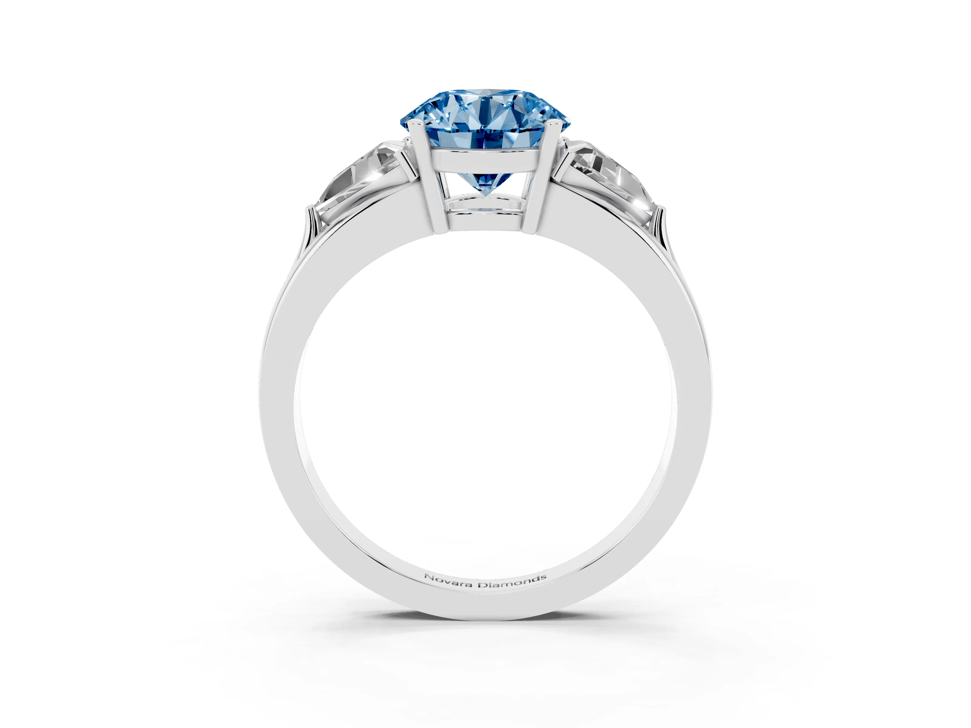 Fancy Blue Round Cut Diamond Three-Stone Ring Set in Silver with Trillion Side Stones and Split Shank