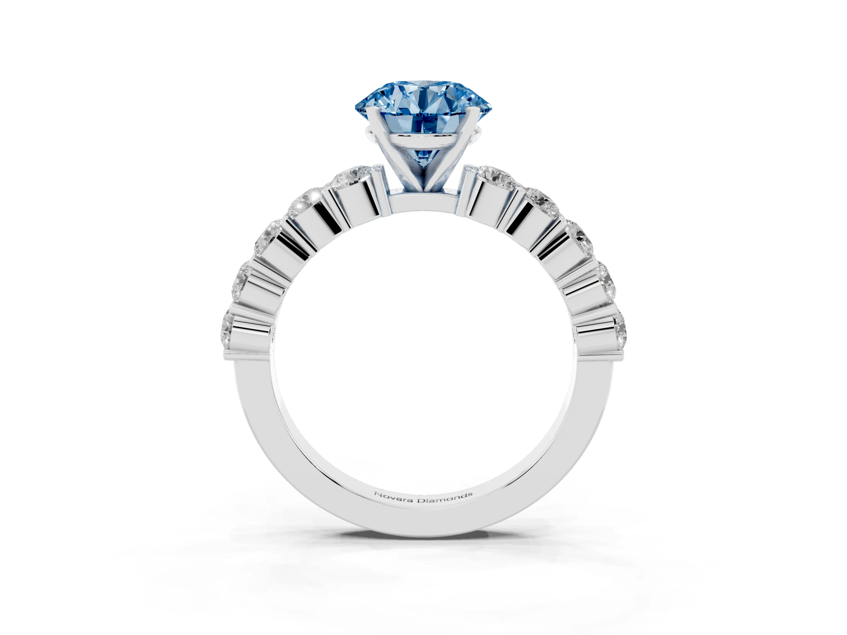 Fancy Blue Round Cut Diamond Solitaire Ring Set in Platinum with Shared Prong Round Side Stones