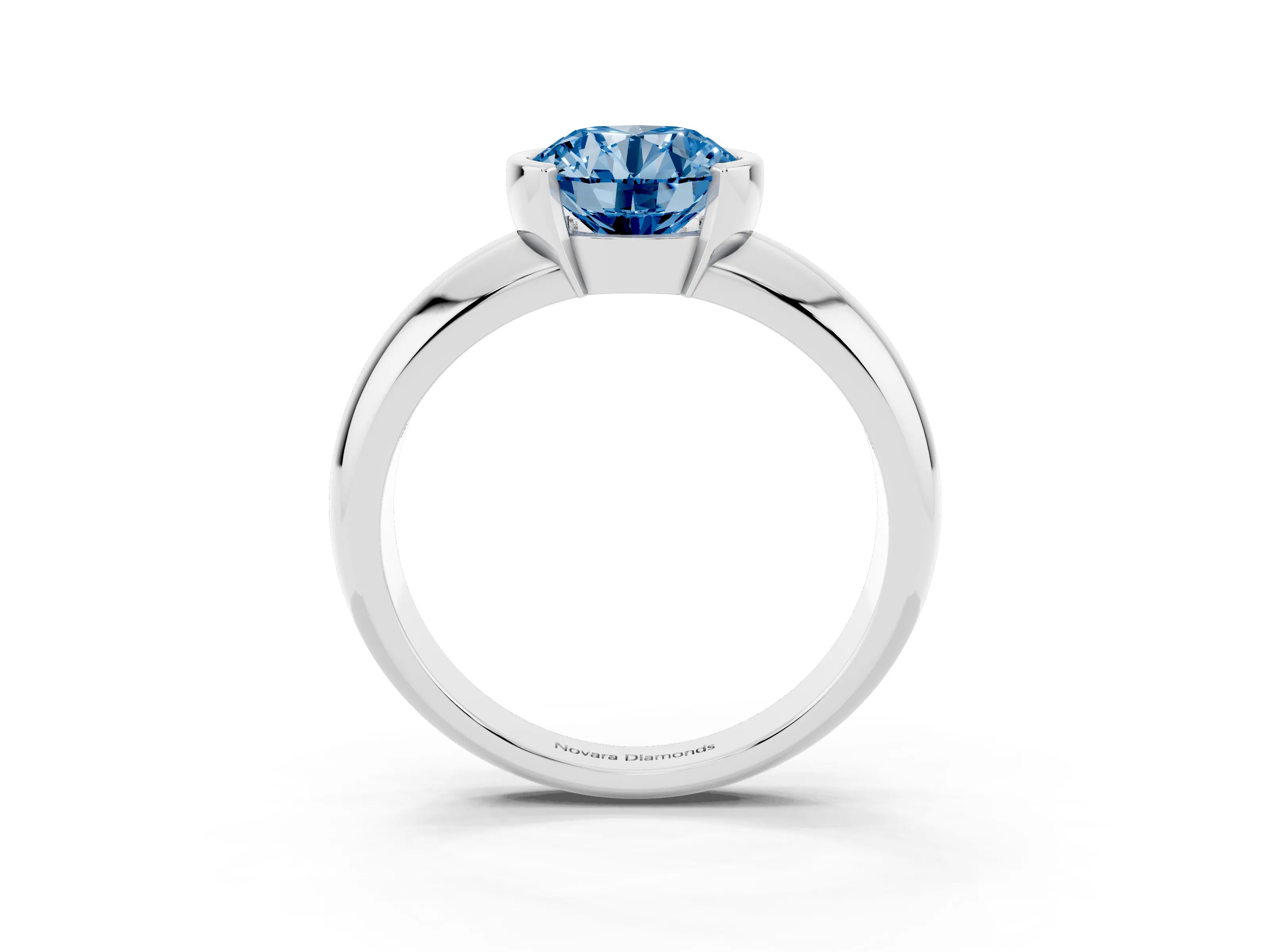 Fancy Blue Round Cut Diamond Solitaire Tension Set Ring Set in Platinum with Wide Band