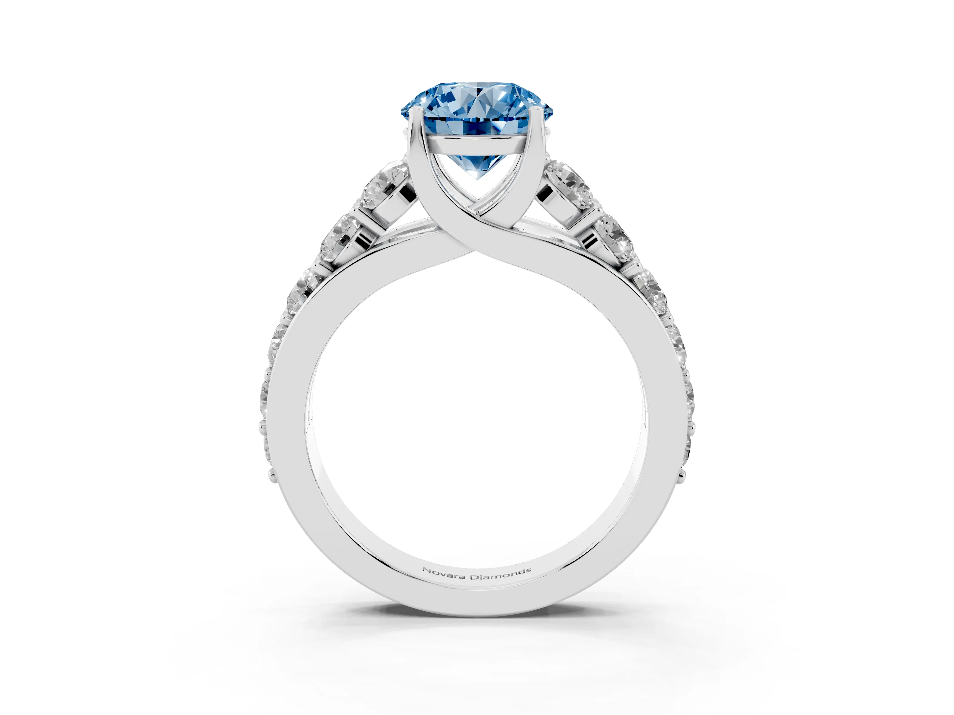 Fancy Blue Round Cut Diamond Pavé Engagement Ring Set in White gold with Prong Setting