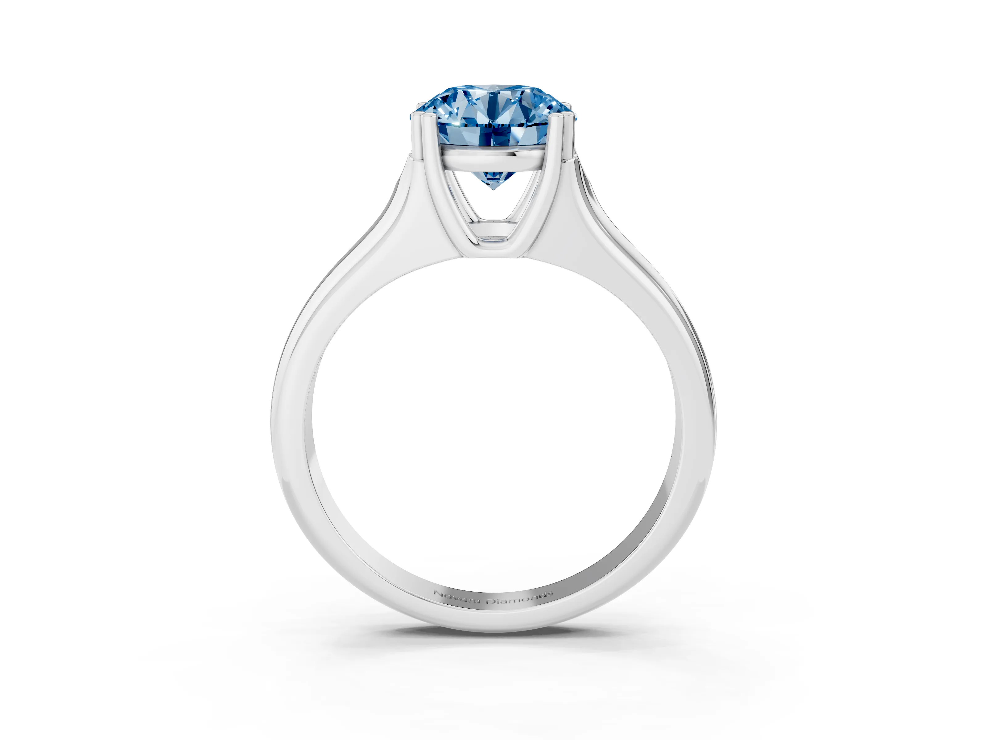 Fancy Blue Round Cut Diamond Solitaire Ring Set in White gold with Wide Band and Prong Setting