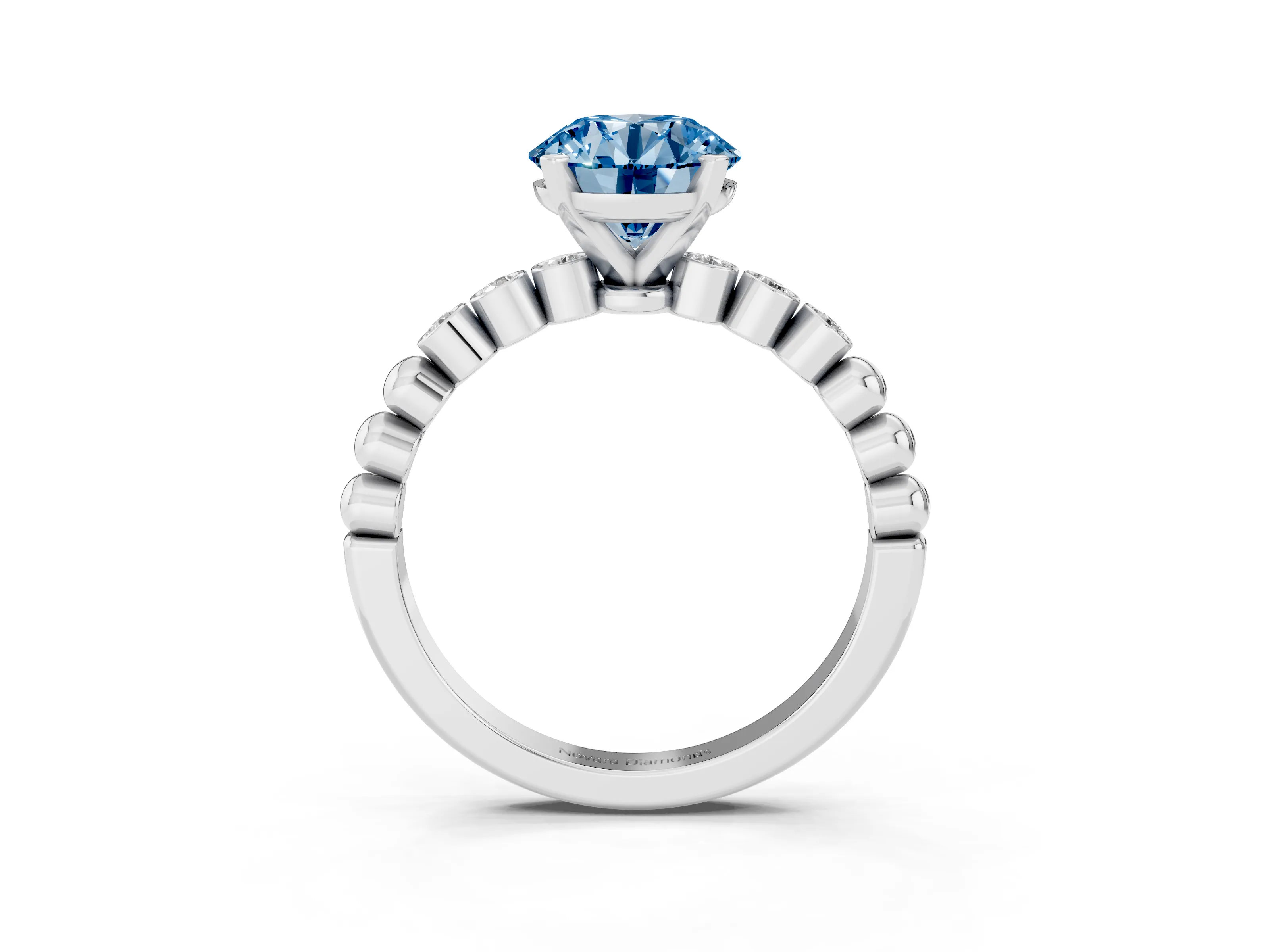 Fancy Blue Round Cut Diamond Solitaire Engagement Ring Set in Platinum with Bezel Accents on Beaded Band