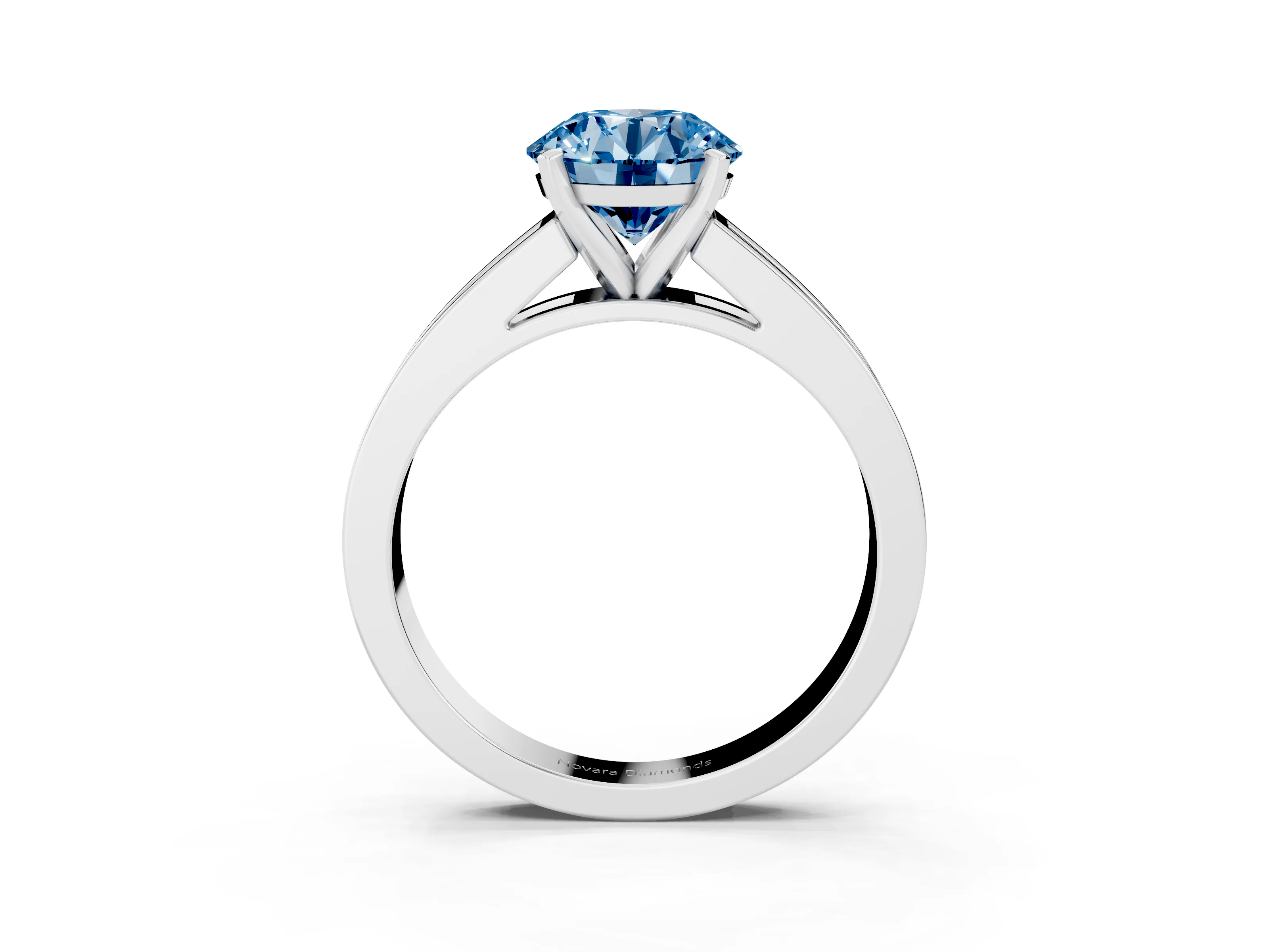 Fancy Blue Round Cut Diamond Solitaire Ring Set in White gold with Channel-Set Band and Prong Setting