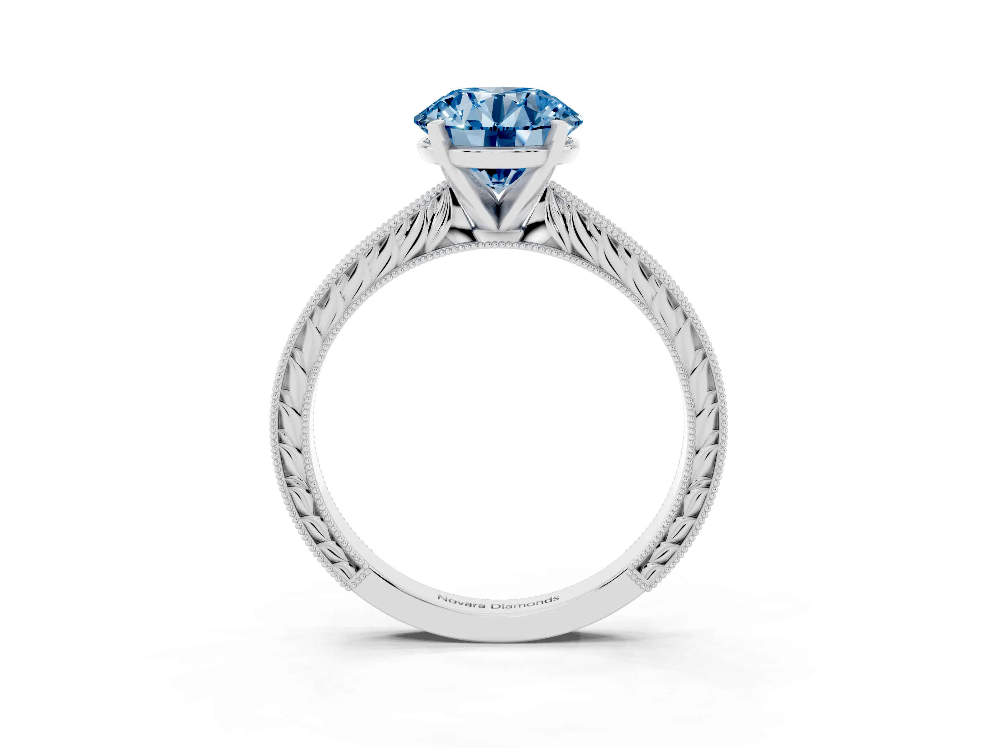 Fancy Blue Round Cut Diamond Solitaire Milgrain Engraved Band Set in Platinum with Prong Setting