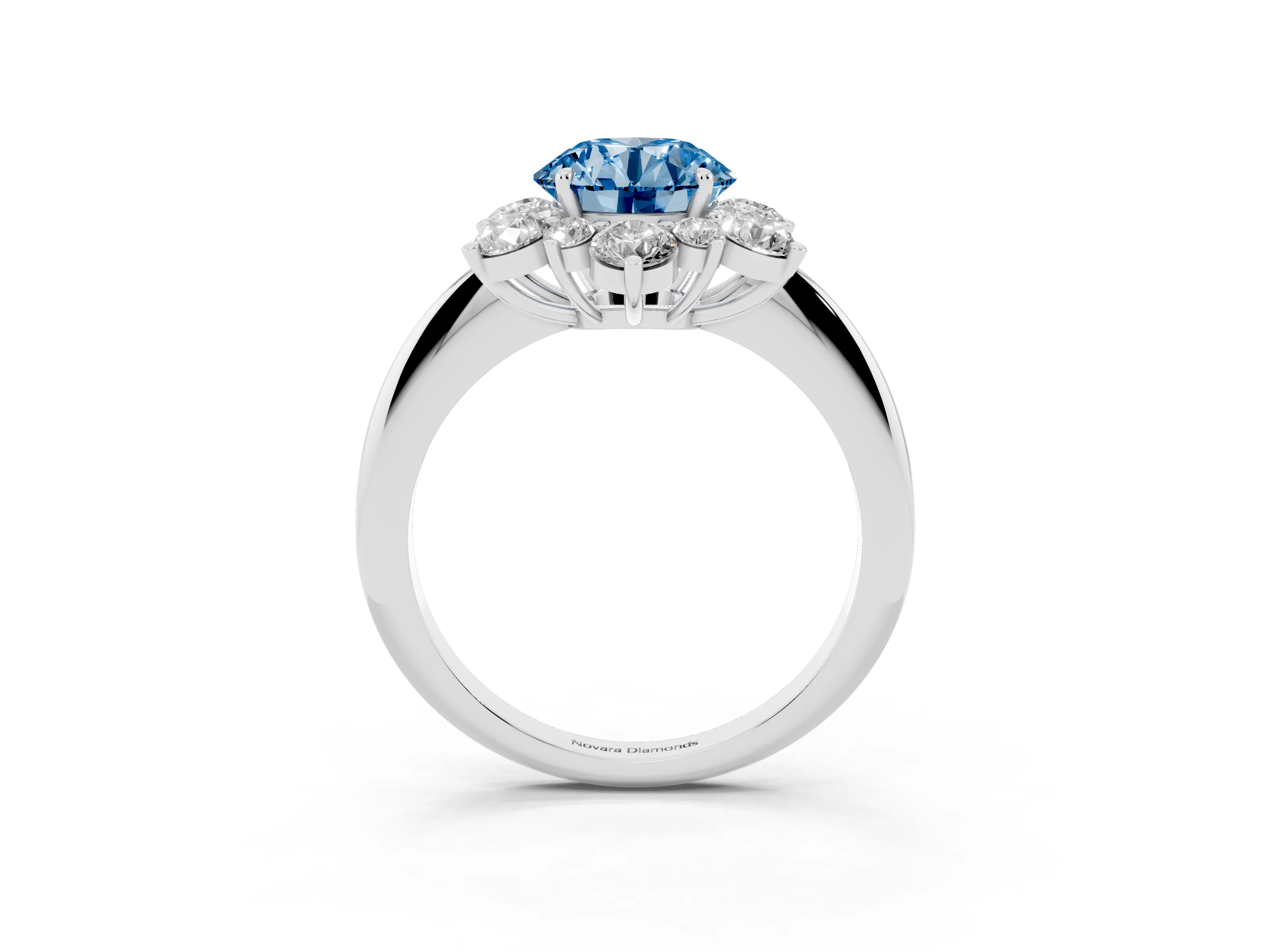 Fancy Blue Round Cut Diamond Cluster Halo Ring Set in Silver with Solitaire Band and Prong Setting