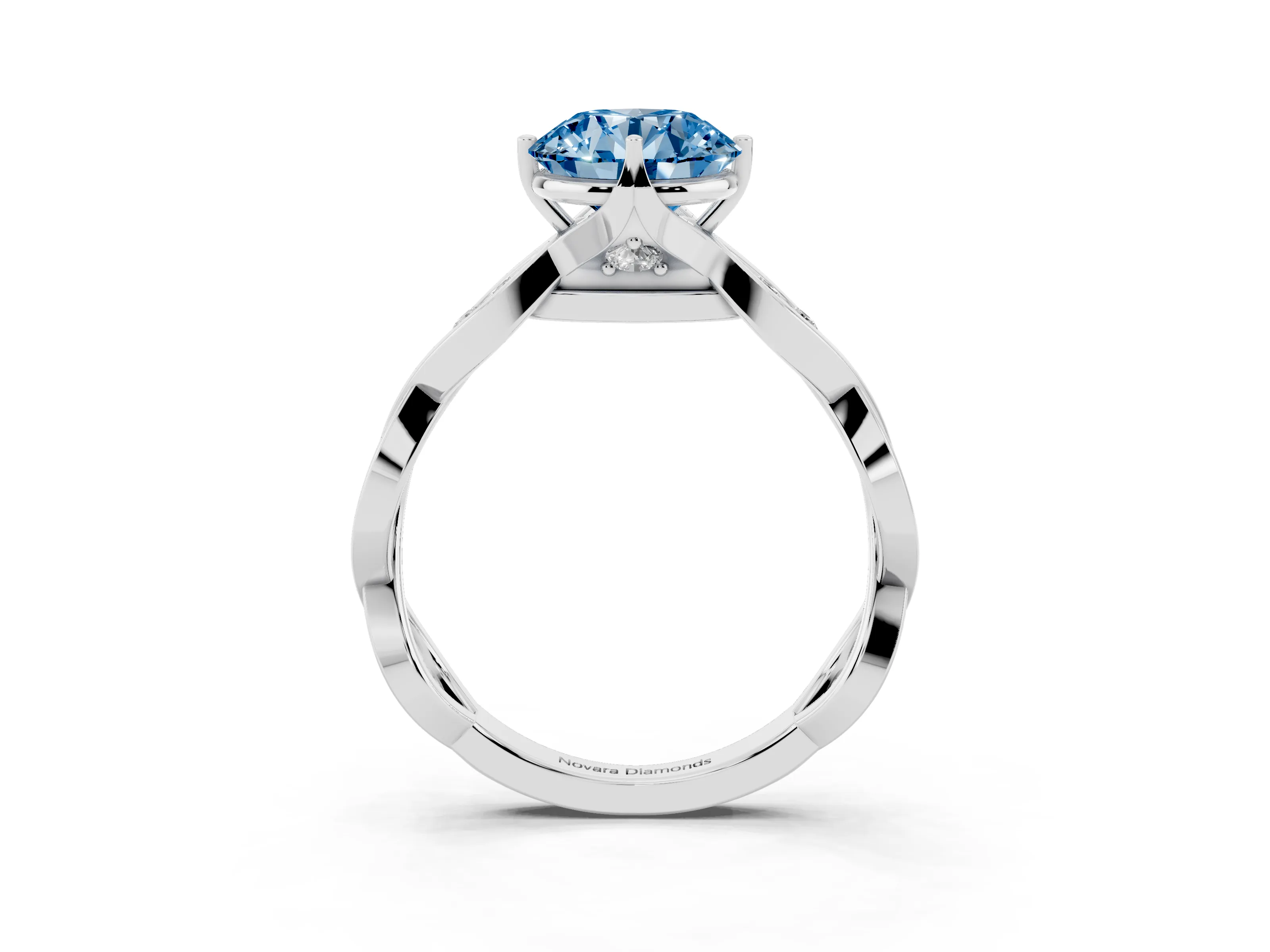 Fancy Blue Round Cut Diamond Twist Band Solitaire Ring Set in White gold with Leaf Prong Setting and Accent Stones