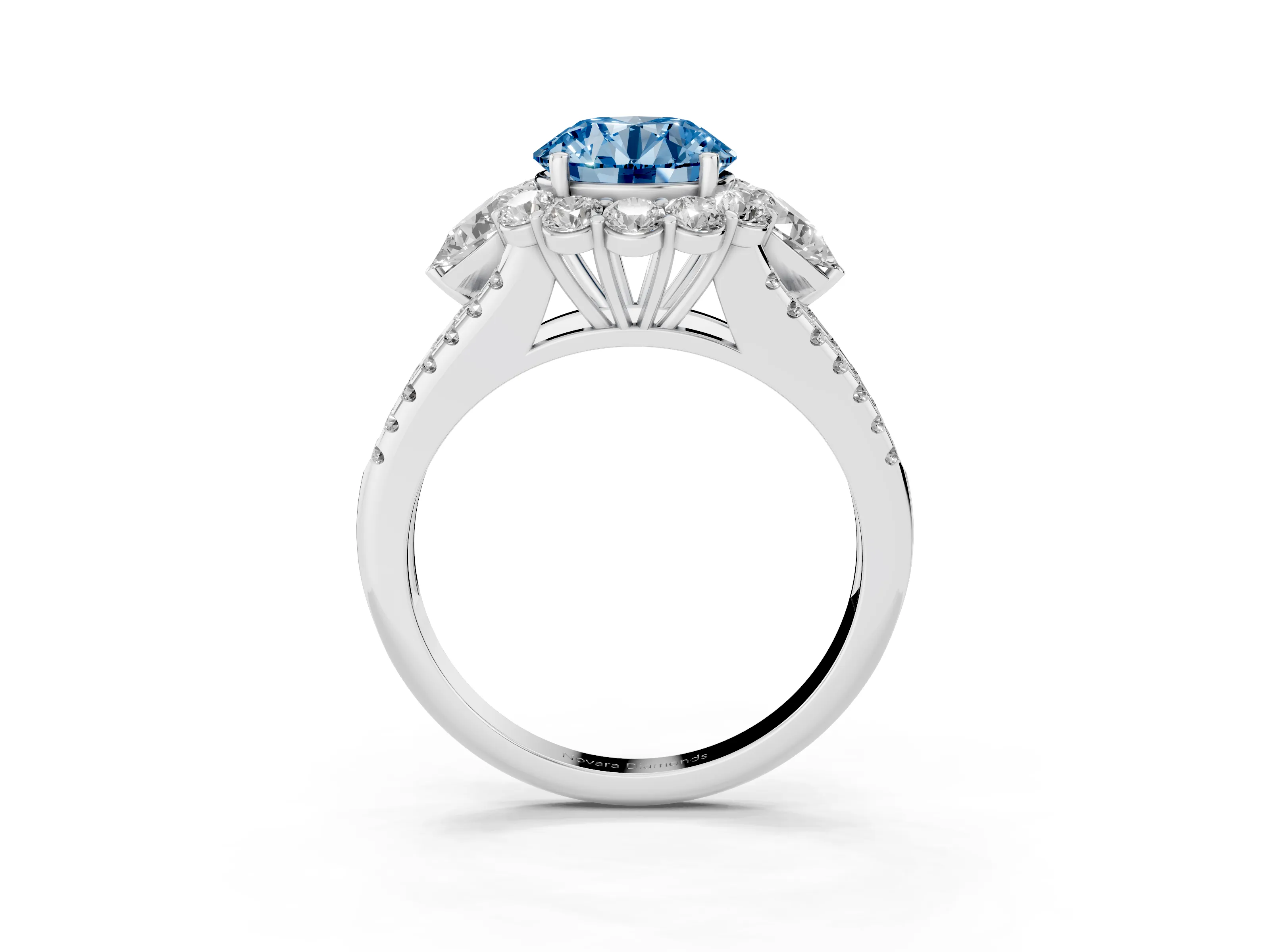 Fancy Blue Round Cut Diamond Halo Split Shank Engagement Ring Set in Silver with Prong-Held Center Stone