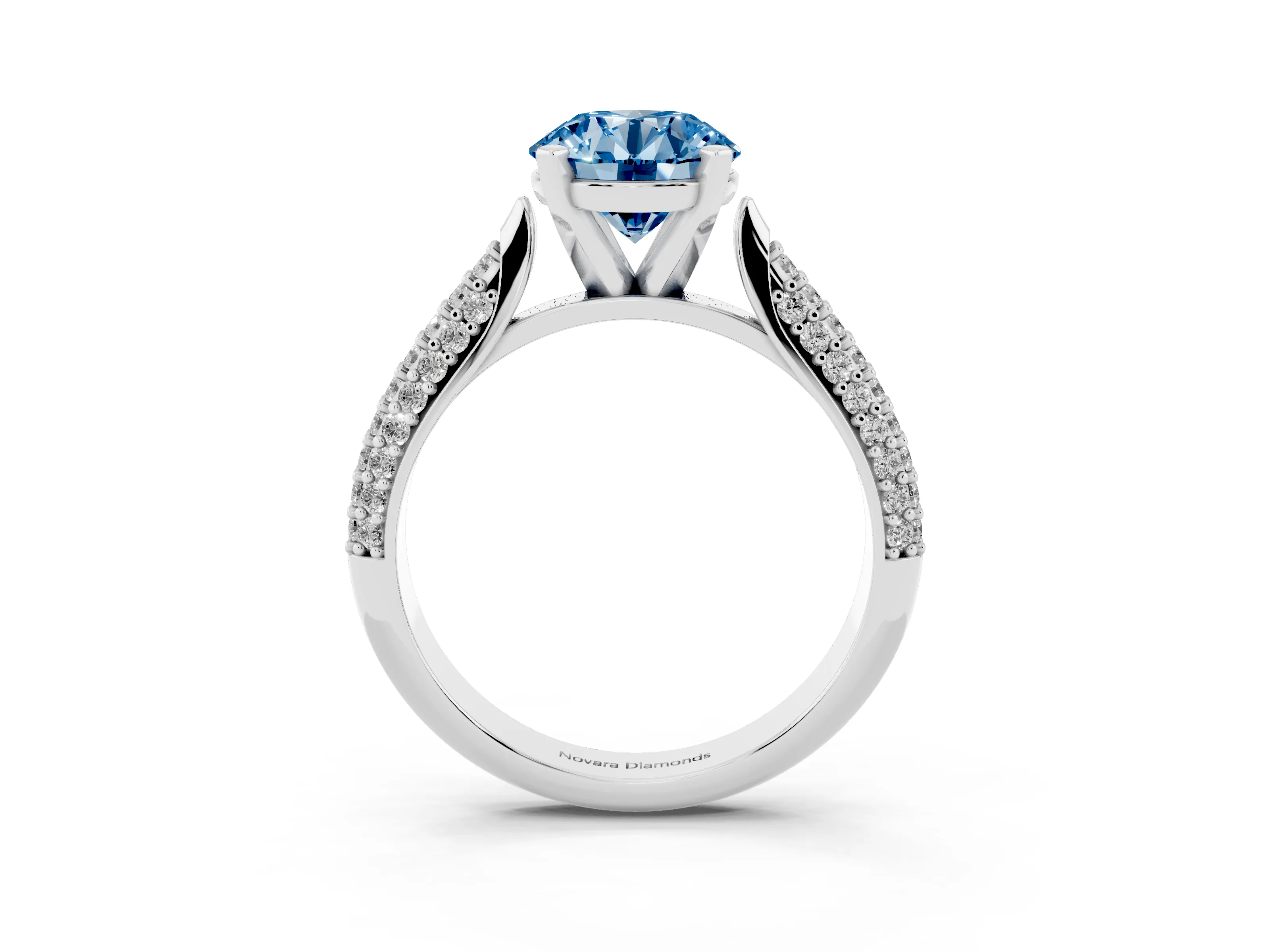 Fancy Blue Round Cut Diamond Solitaire Engagement Ring Set in White gold with Multi-Row Round Pavé Band and Prong Setting