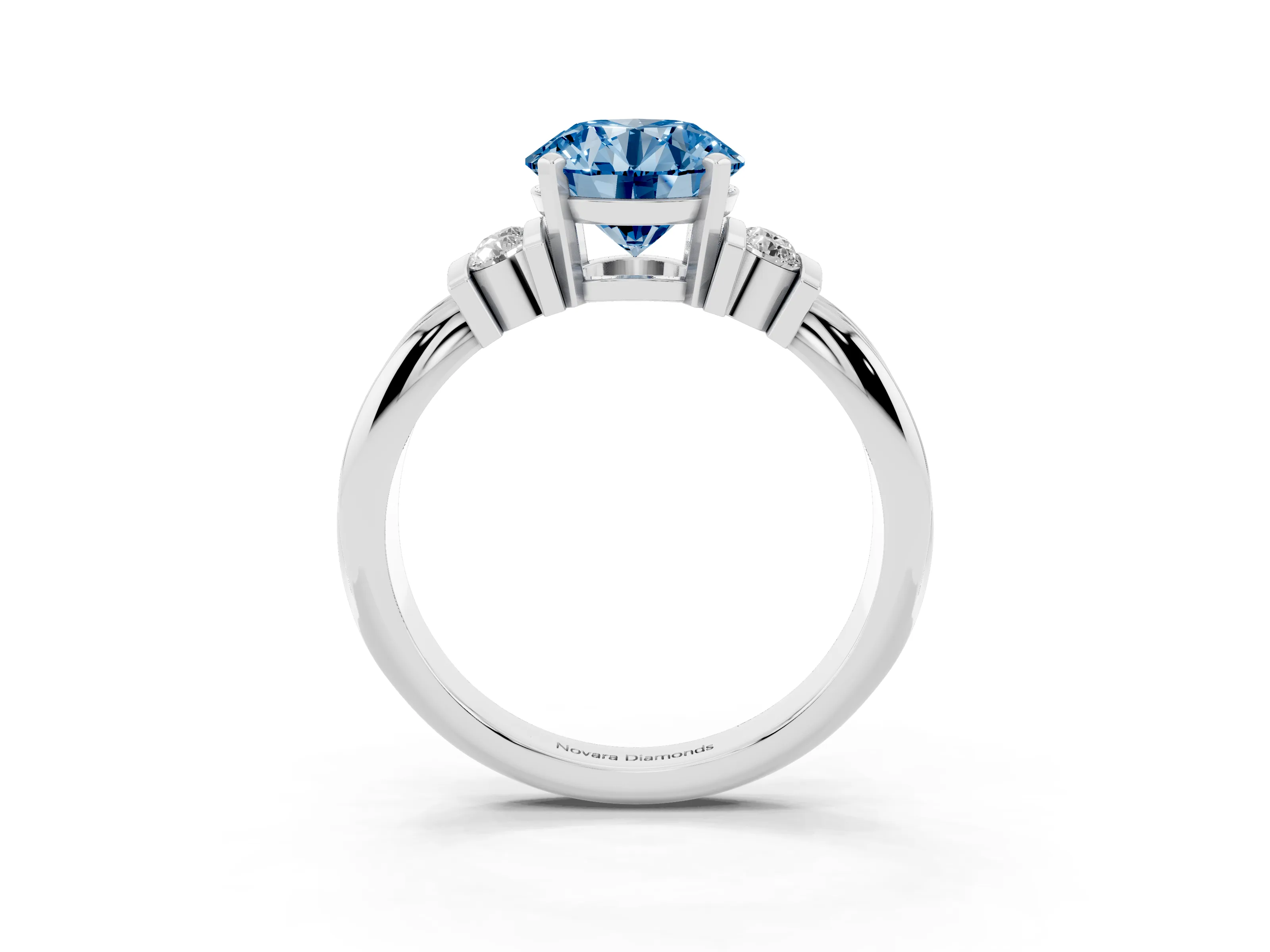 Fancy Blue Three-Stone Round Cut Diamond Channel Set Ring Set in White gold with Bar Prongs
