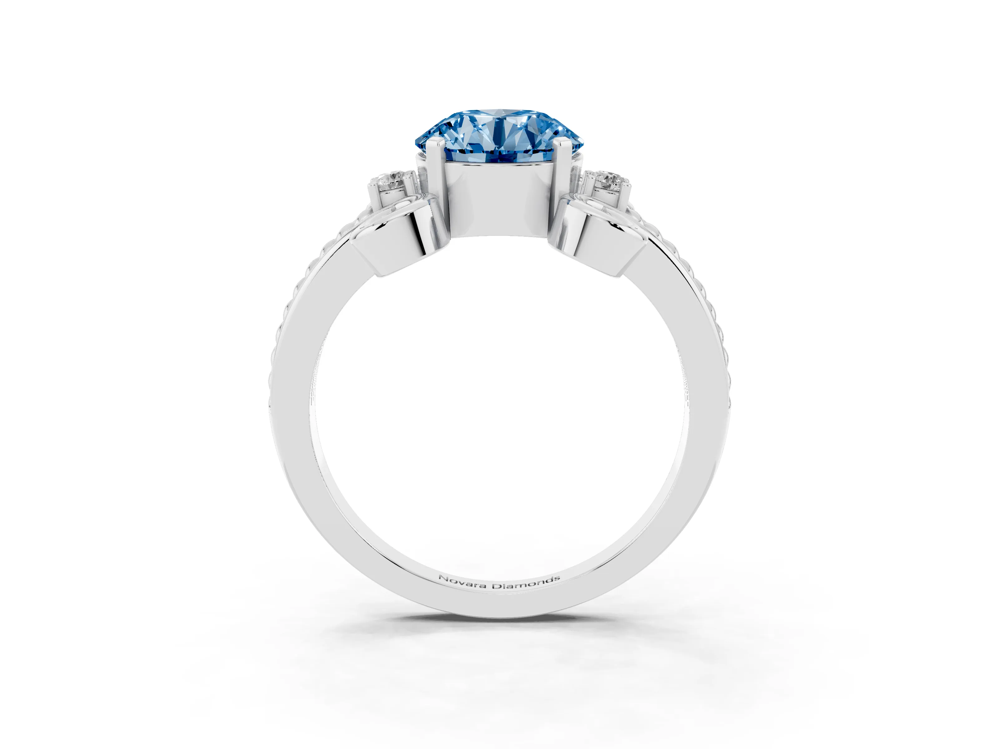 Fancy Blue Round Cut Diamond Twisted Band Solitaire Ring Set in White gold with Scroll Prongs